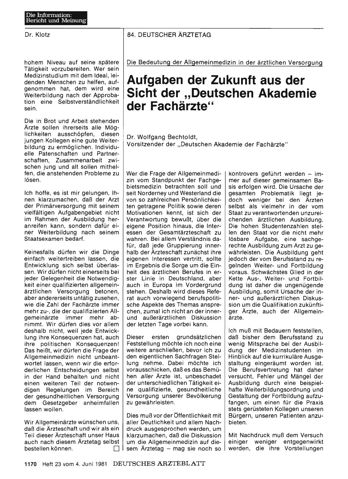 Vorschauseite 1: Die Bedeutung der Allgemeinmedizin in der ärztlichen Versorgung: Aufgaben der Zukunft aus der Sicht der „Deutschen Akademie der Fachärzte"