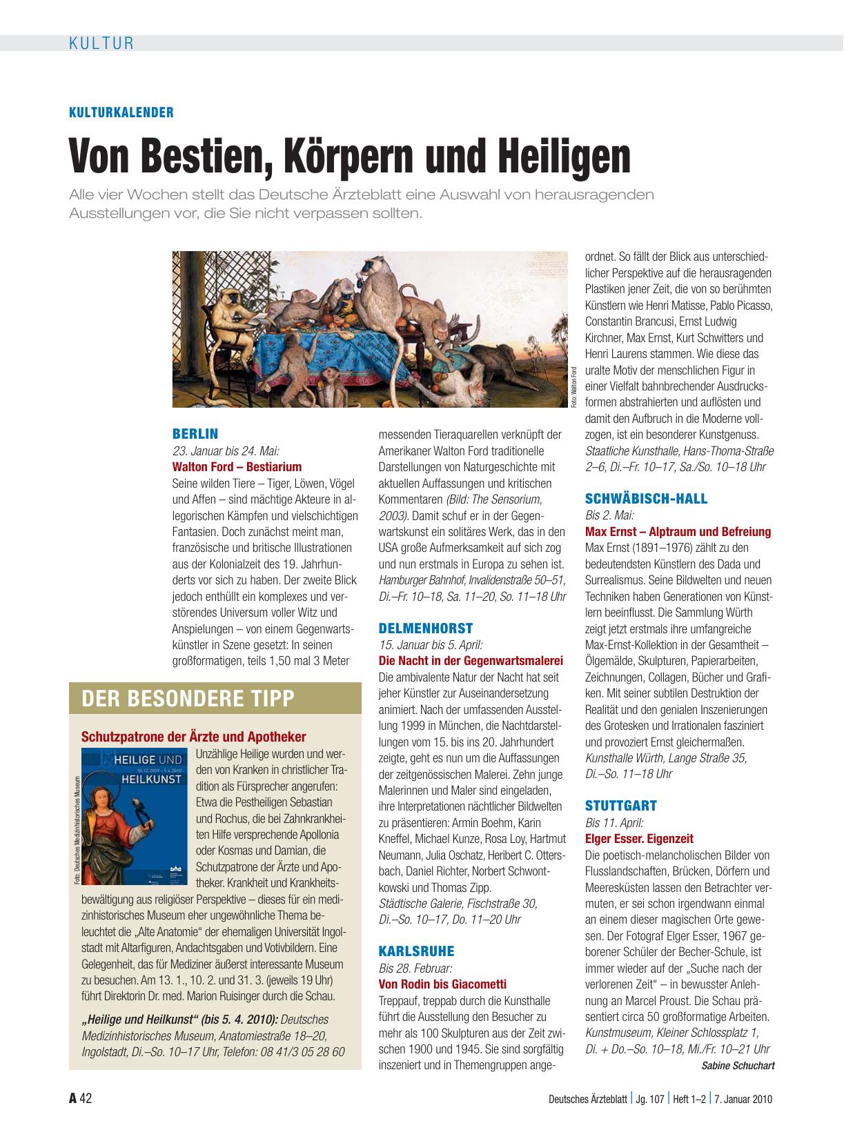 Vorschauseite 1: Kulturkalender: Von Bestien, Körpern und Heiligen