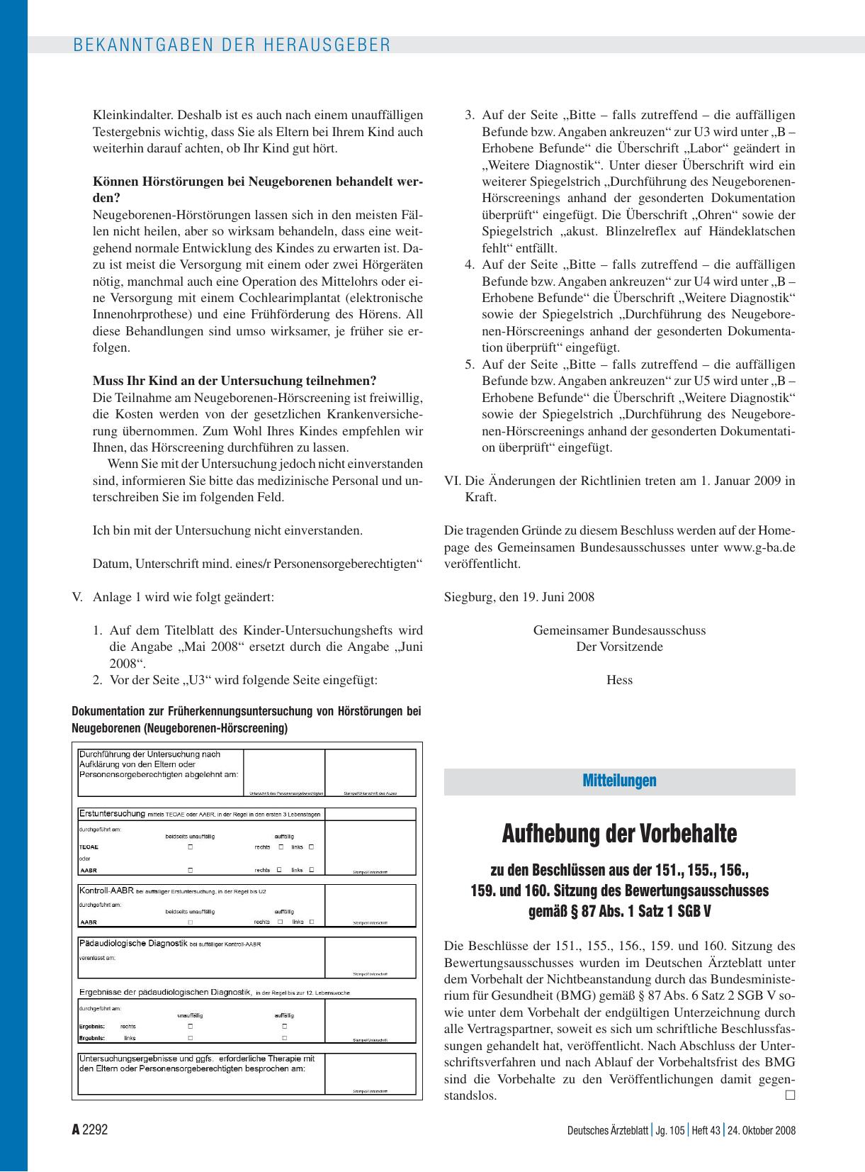 Vorschauseite 1: Mitteilungen: Aufhebung der Vorbehalte zu den Beschlüssen aus der 151. , 155. , 156. , 159. und 160. Sitzung des Bewertungsausschusses gemäß § 87 Abs. 1 Satz 1 SGB V