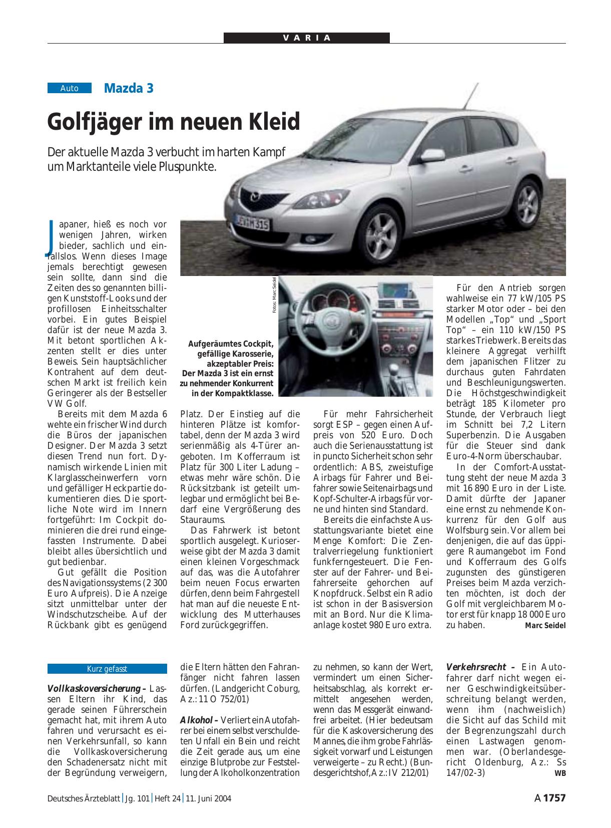 Vorschauseite 1: Mazda 3: Golfjäger im neuen Kleid