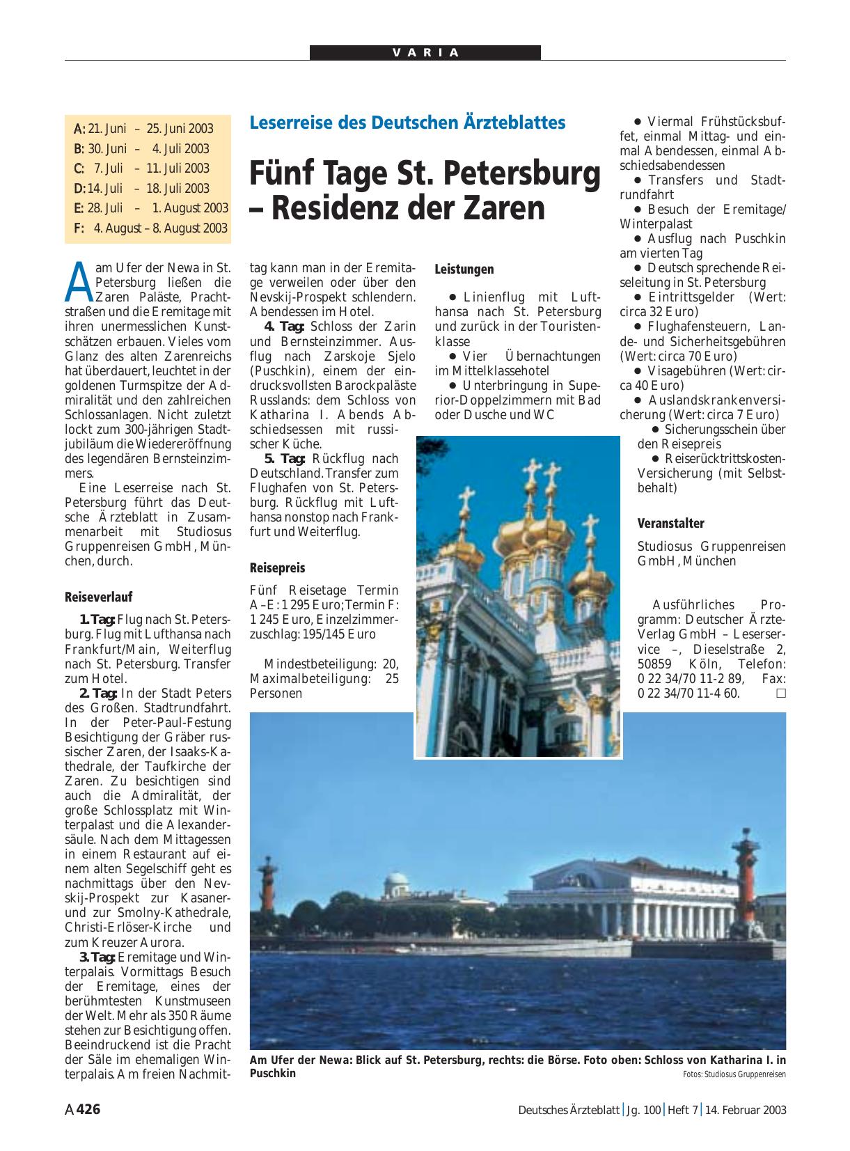 Vorschauseite 1: Leserreise des Deutschen Ärzteblattes: Fünf Tage St. Petersburg – Residenz der Zaren