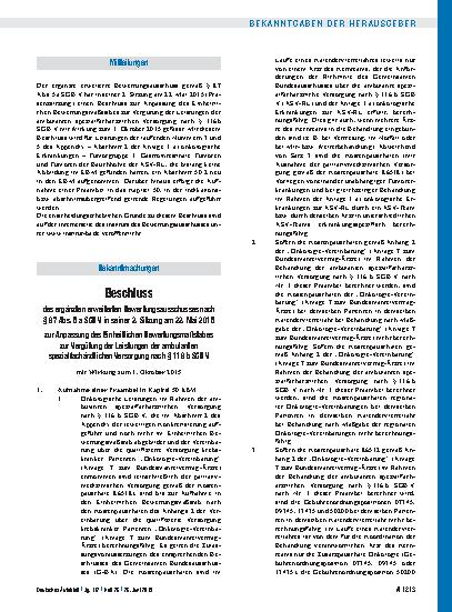 Vorschauseite 1: Beschluss des ergänzten erweiterten Bewertungsausschusses nach § 87 Abs. 5 a SGB V in seiner 2. Sitzung am 22. Mai 2015 zur Anpassung des Einheitlichen Bewertungsmaßstabes zur Ver…
