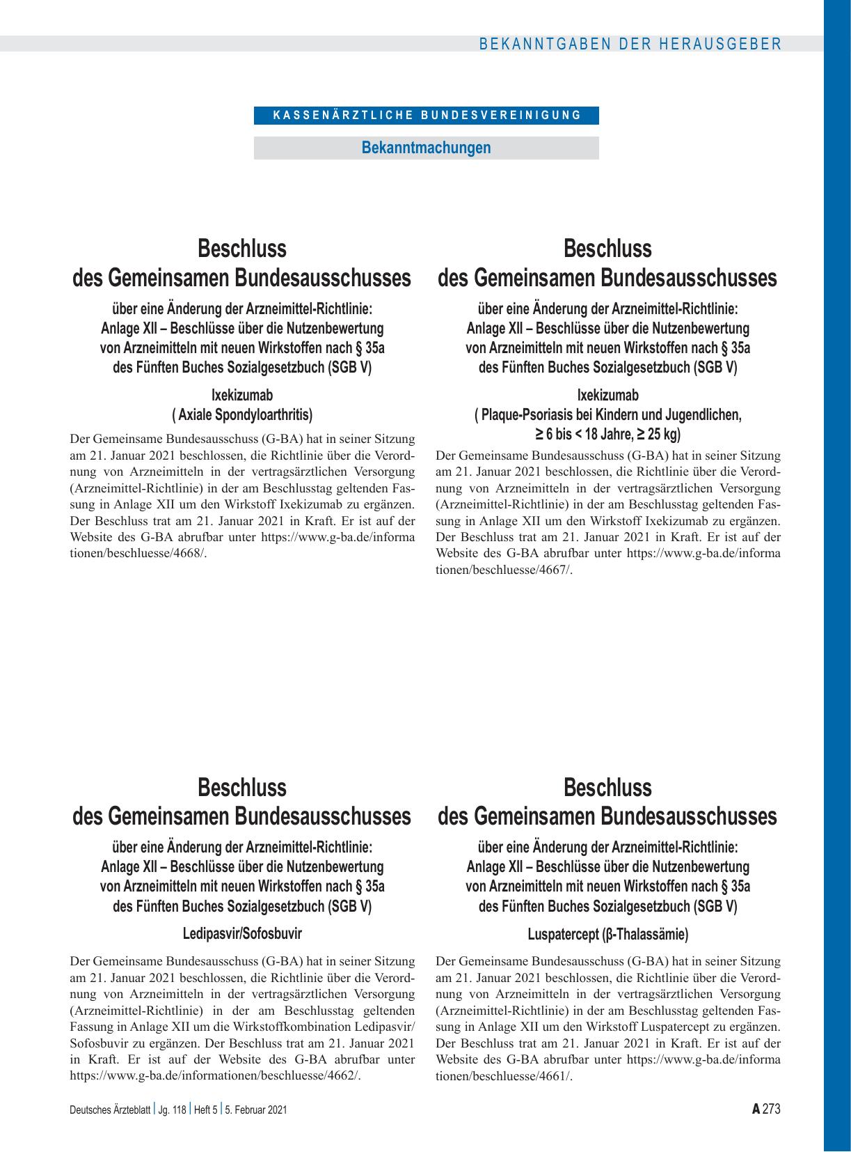Vorschauseite 1: Beschluss des Gemeinsamen Bundesausschusses über eine Änderung der Arzneimittel-Richtlinie: Anlage XII – Ledipasvir/Sofosbuvir