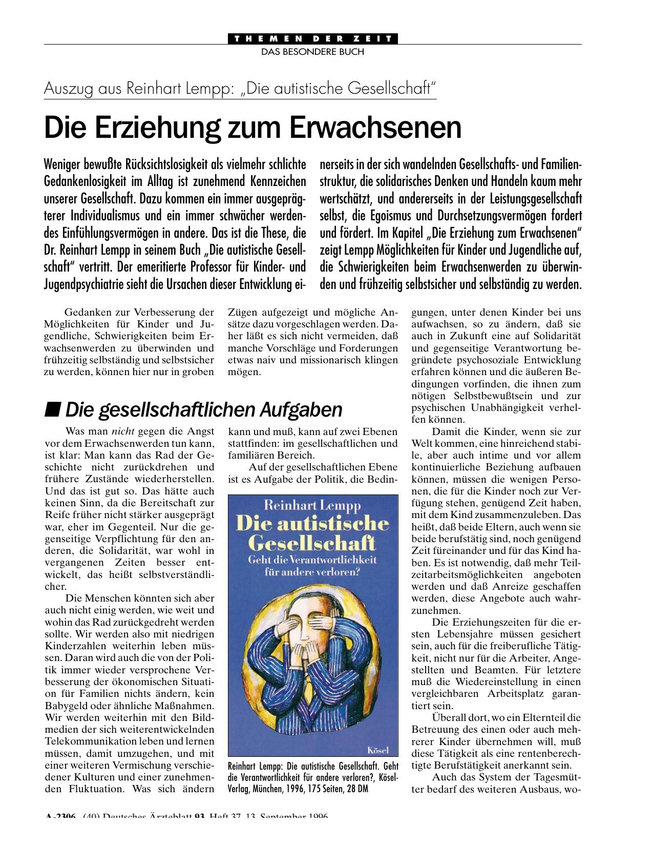 Vorschauseite 1: Auszug aus Reinhart Lempp: „Die autistische Gesellschaft“ – Die Erziehung zum Erwachsenen