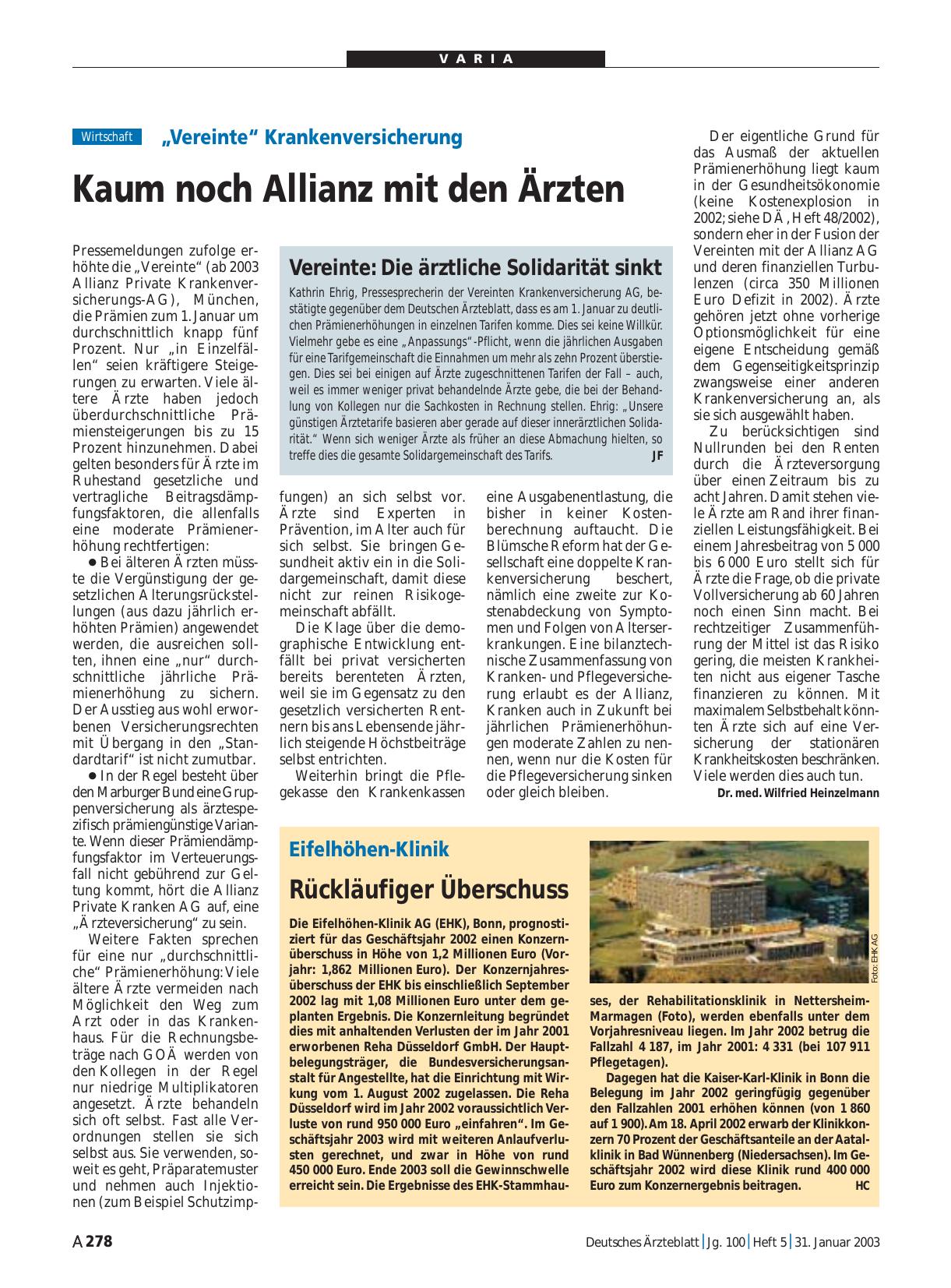 Vorschauseite 1: Eifelhöhen-Klinik: Rückläufiger Überschuss