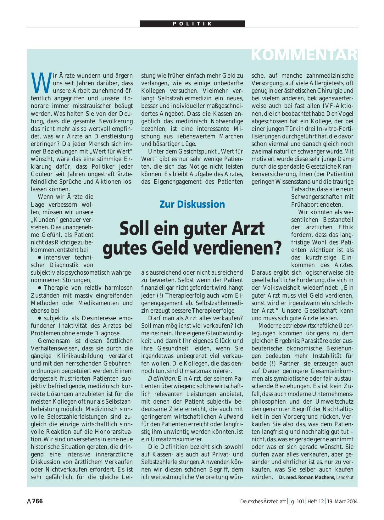 Vorschauseite 1: Zur Diskussion: Soll ein guter Arzt gutes Geld verdienen?
