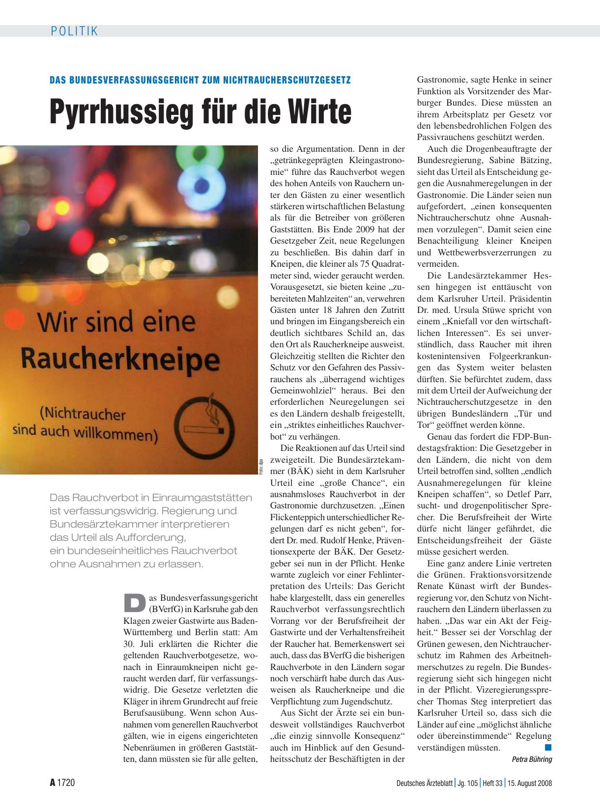 Vorschauseite 1: Das Bundesverfassungsgericht zum Nichtraucherschutzgesetz: Pyrrhussieg für die Wirte