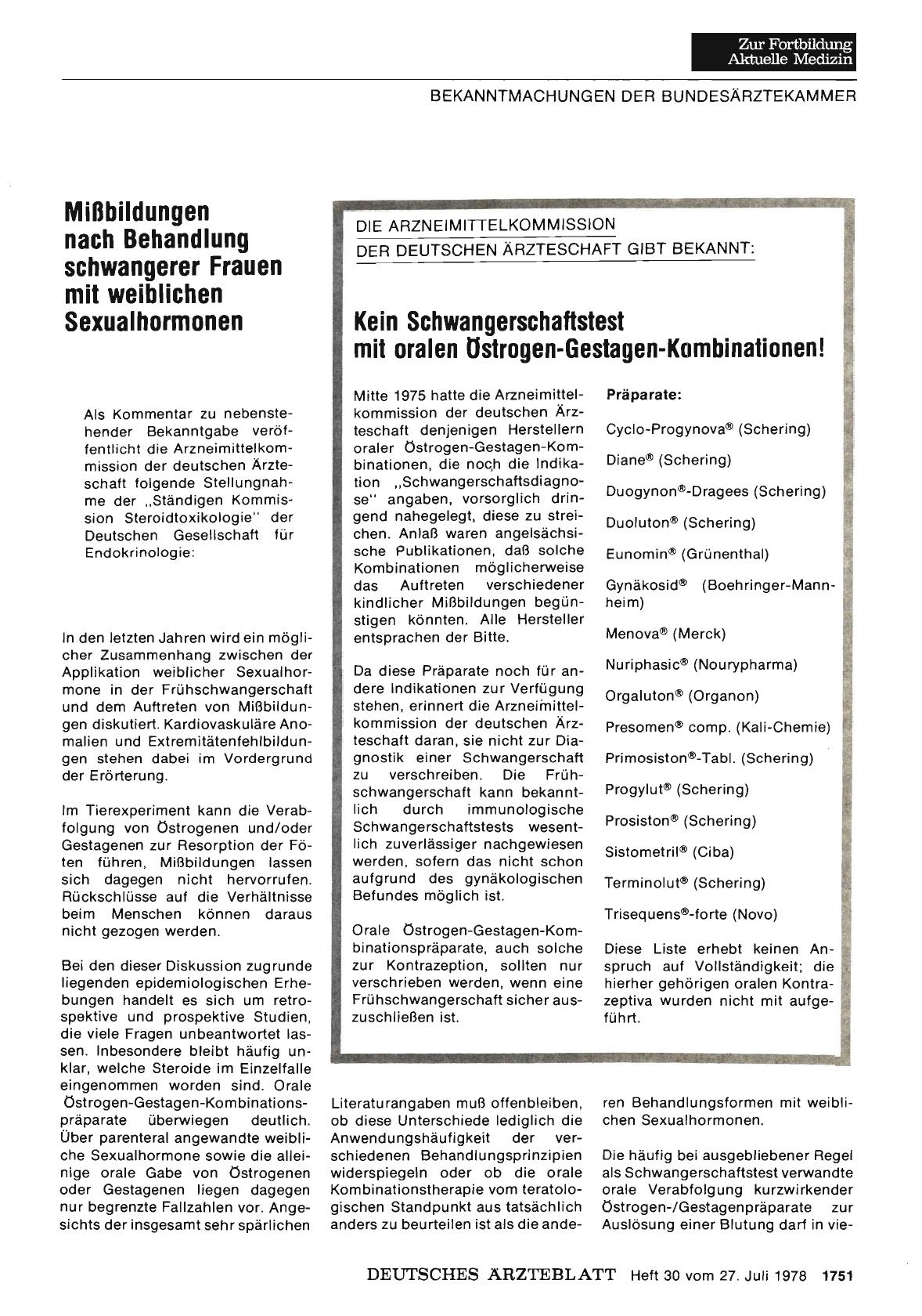 Vorschauseite 1: DIE ARZNEIMITTELKOMMISSION DER DEUTSCHEN ÄRZTESCHAFT GIBT BEKANNT: Kein Schwangerschaftstest mit oralen Östrogen-Gestagen-Kombinationen!