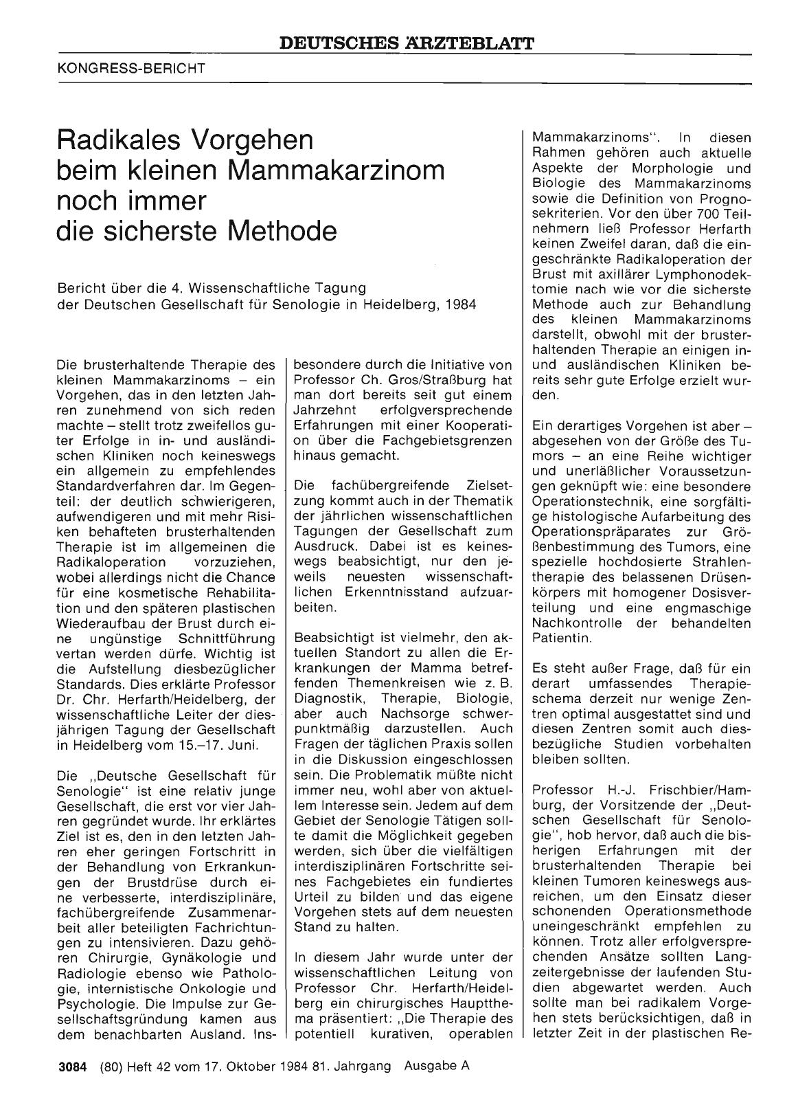 Vorschauseite 1: Radikales Vorgehen beim kleinen Mammakarzinom noch immer die sicherste Methode: Bericht über die 4. Wissenschaftliche Tagung der Deutschen Gesellschaft für Senologie in Heidelberg…