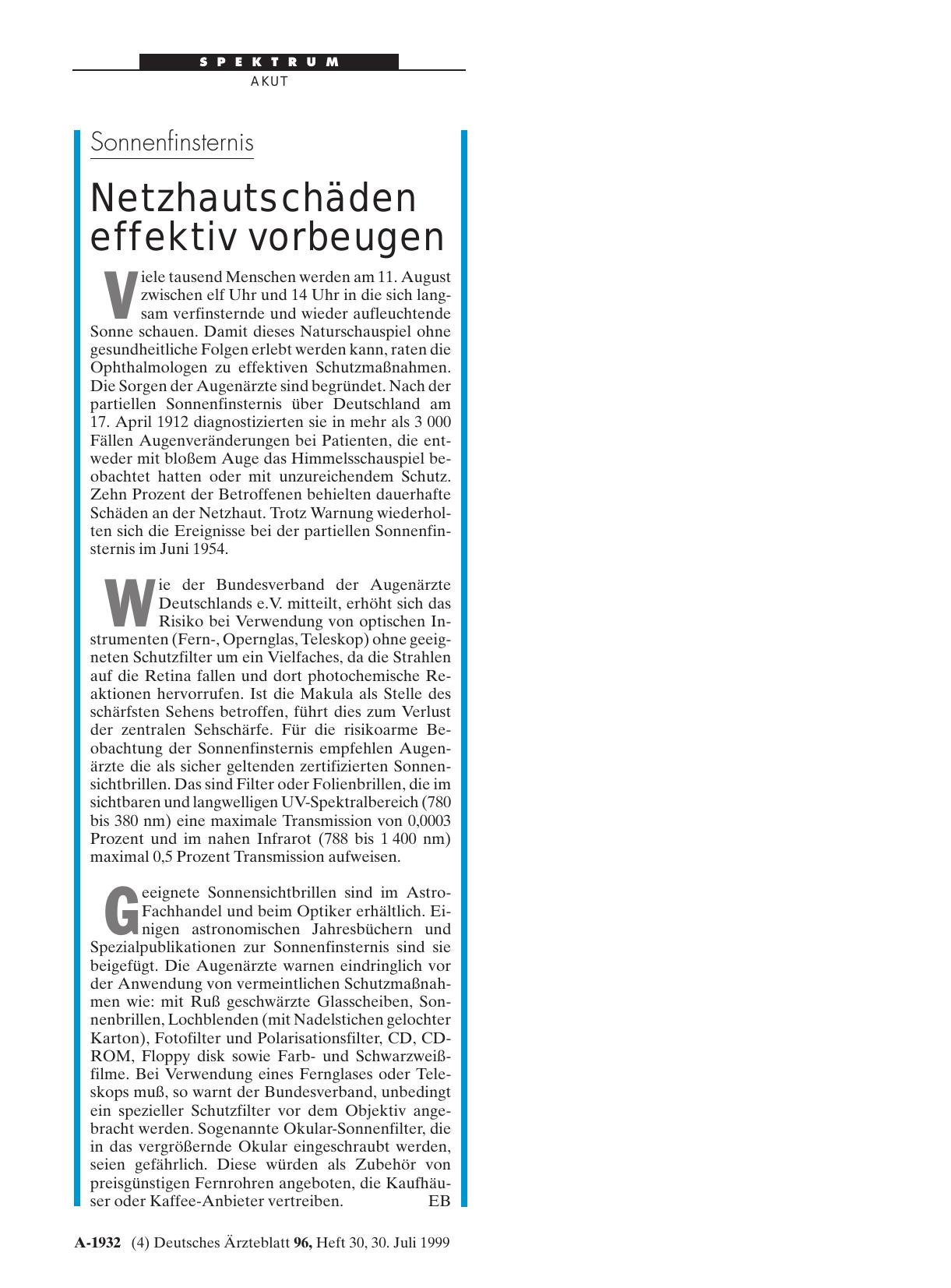 Vorschauseite 1: Sonnenfinsternis: Netzhautschäden effektiv vorbeugen