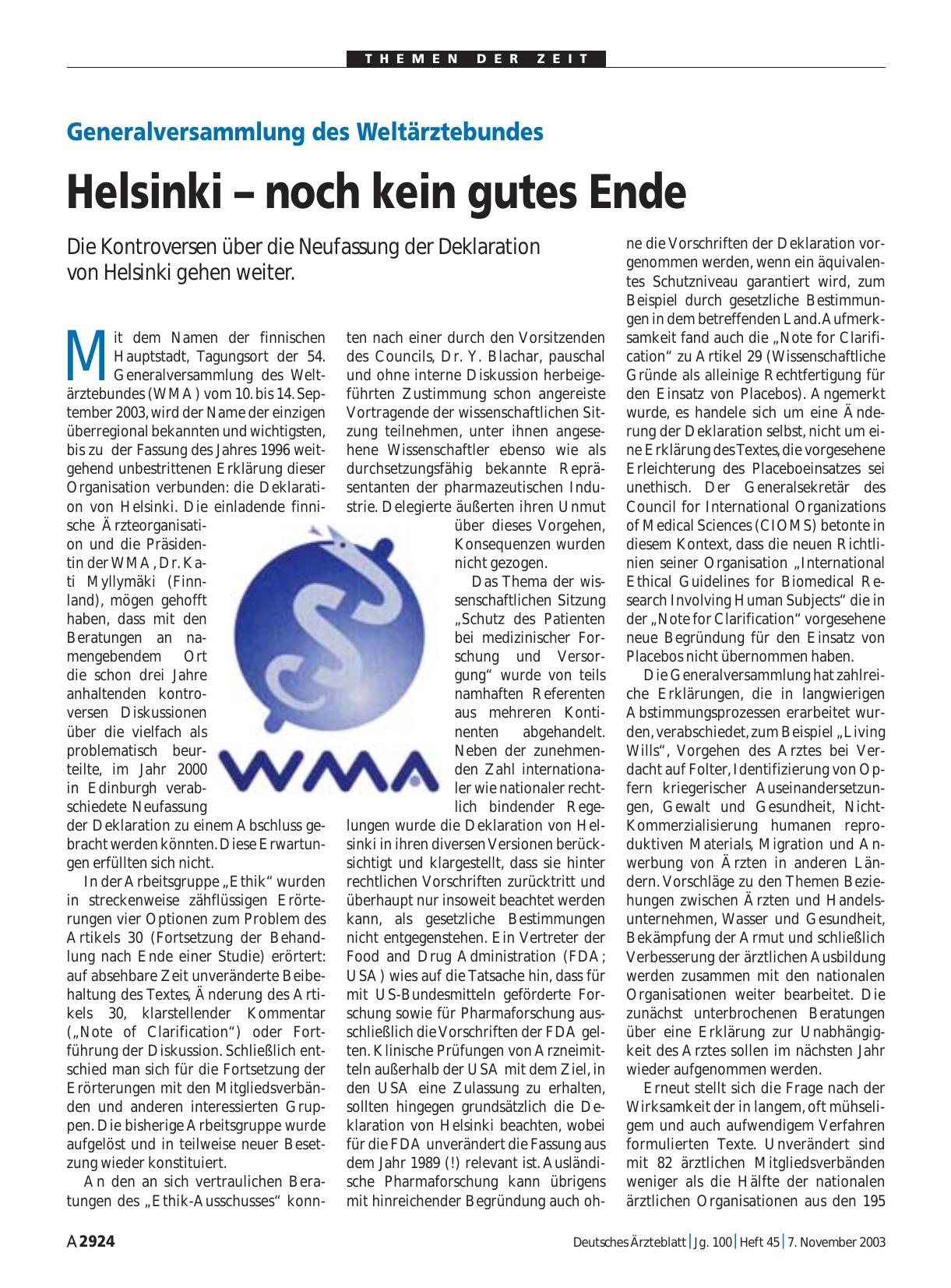 Vorschauseite 1: Generalversammlung des Weltärztebundes: Helsinki – noch kein gutes Ende