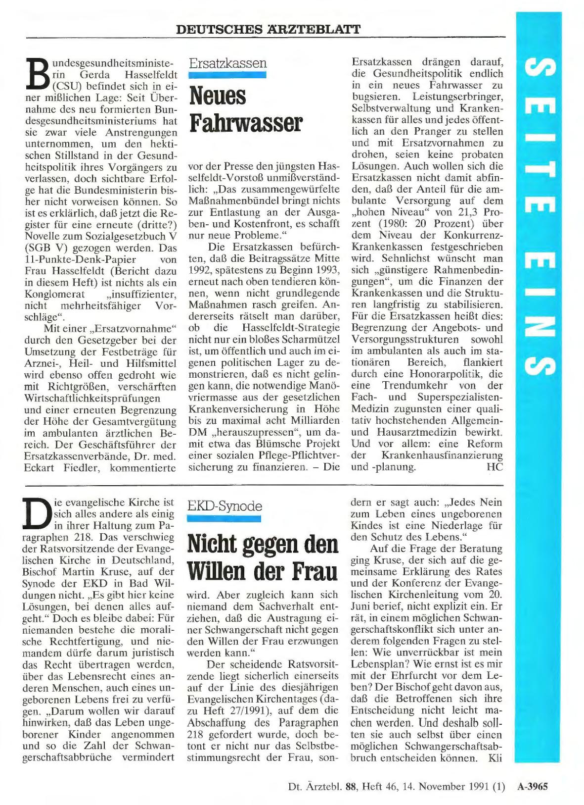 Vorschauseite 1: EKD-Synode: Nicht gegen den Willen der Frau