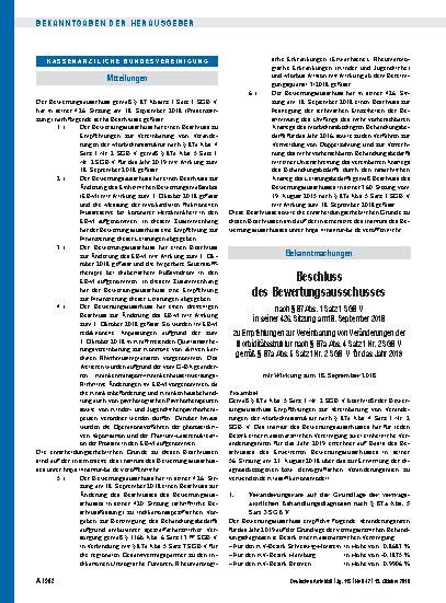 Vorschauseite 1: Beschluss des Bewertungsausschusses nach § 87 Abs. 1 Satz 1 SGB V in seiner 426. Sitzung am 18. September 2018, Teil A, Teil B