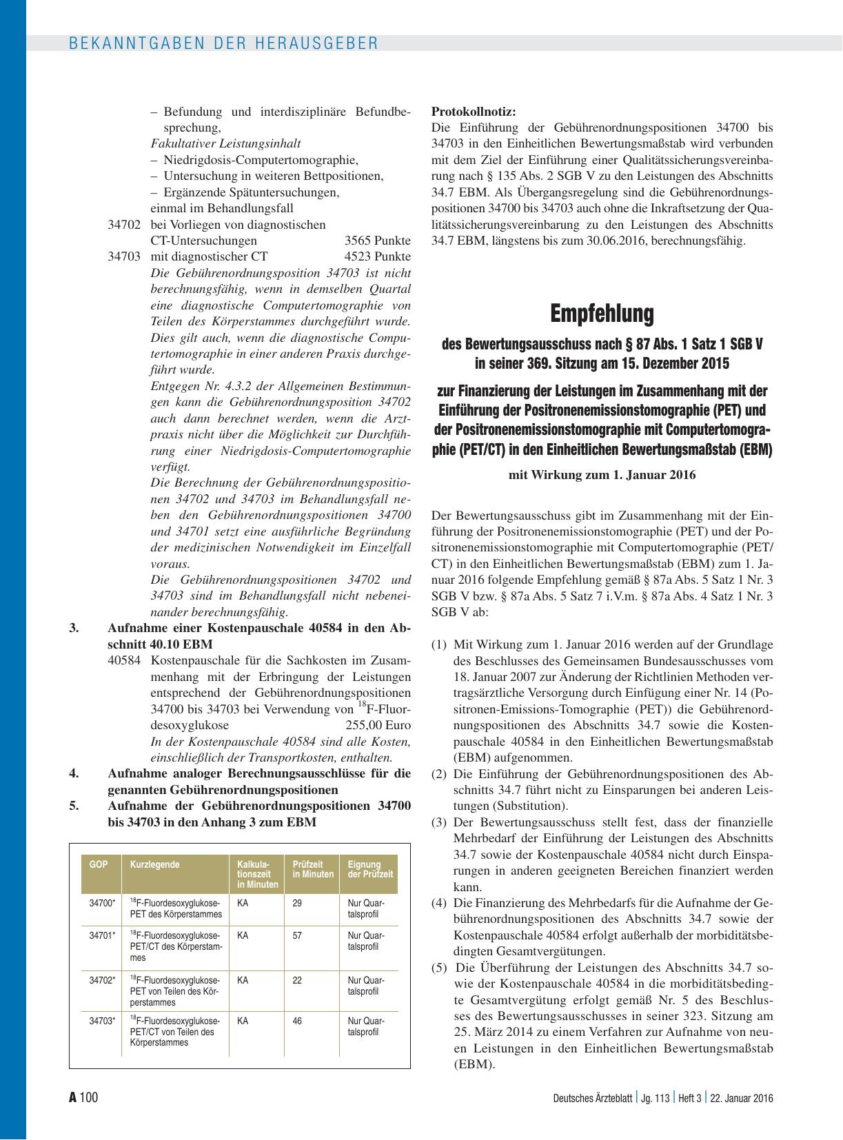 Vorschauseite 1: Empfehlung des Bewertungsausschuss nach § 87 Abs. 1 Satz 1 SGB V in seiner 369. Sitzung am 15. Dezember 2015 zur Finanzierung der Leistungen im Zusammenhang mit der Einführung der…