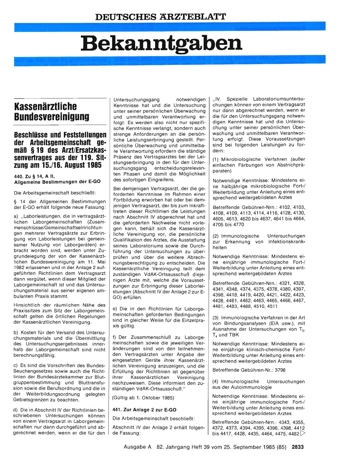 Vorschauseite 1: Beschlüsse und Feststellungen der Arbeitsgemeinschaft gemäß § 19 des Arzt/Ersatzkassenvertrages aus der 119. Sitzung am 15. /16. August 1985