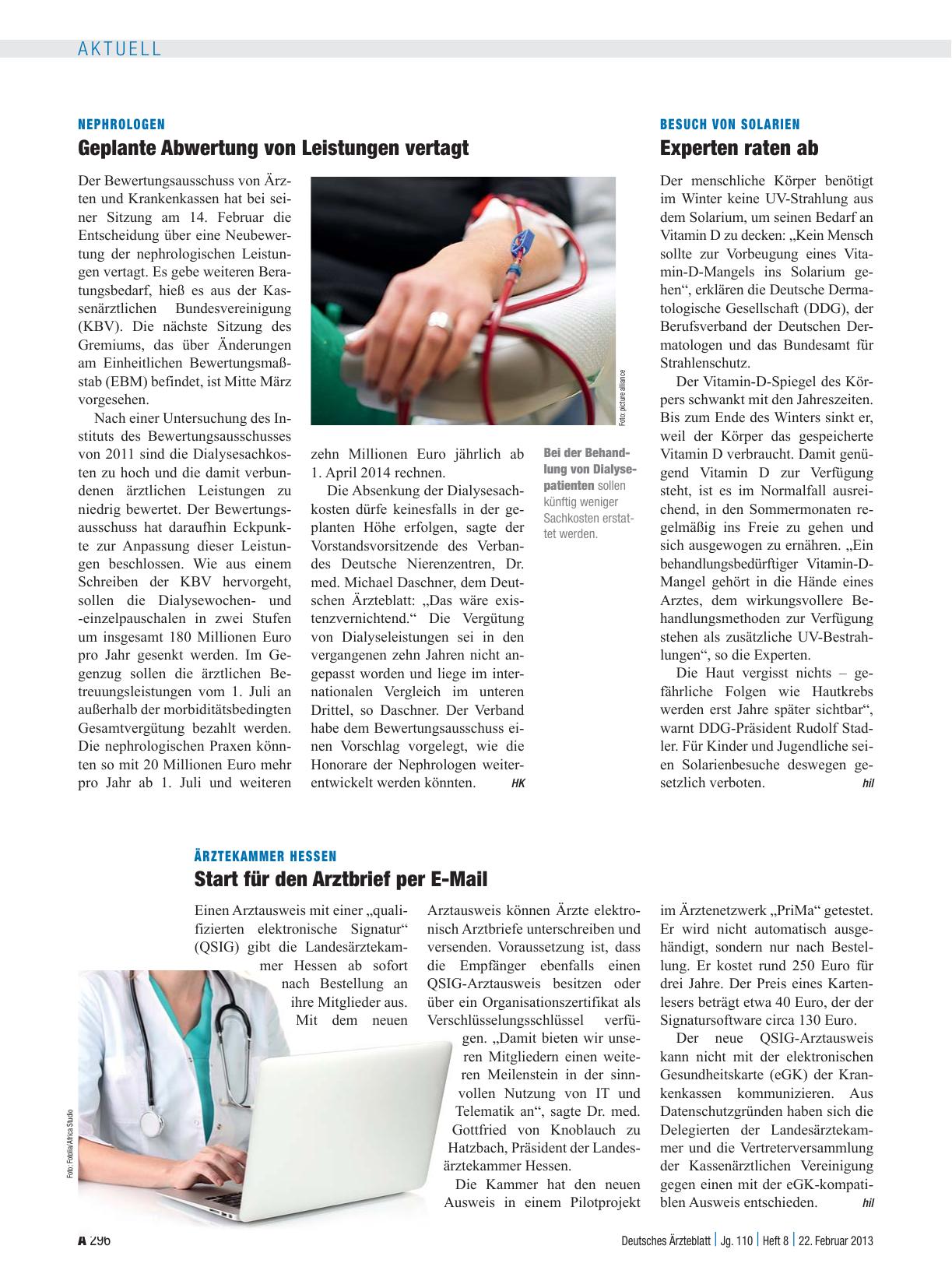 Vorschauseite 1: Nephrologen: Geplante Abwertung von Leistungen vertagt