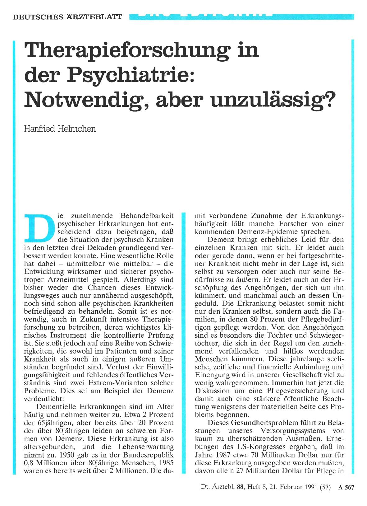 Vorschauseite 1: Therapieforschung in der Psychiatrie: Notwendig, aber unzulässig?
