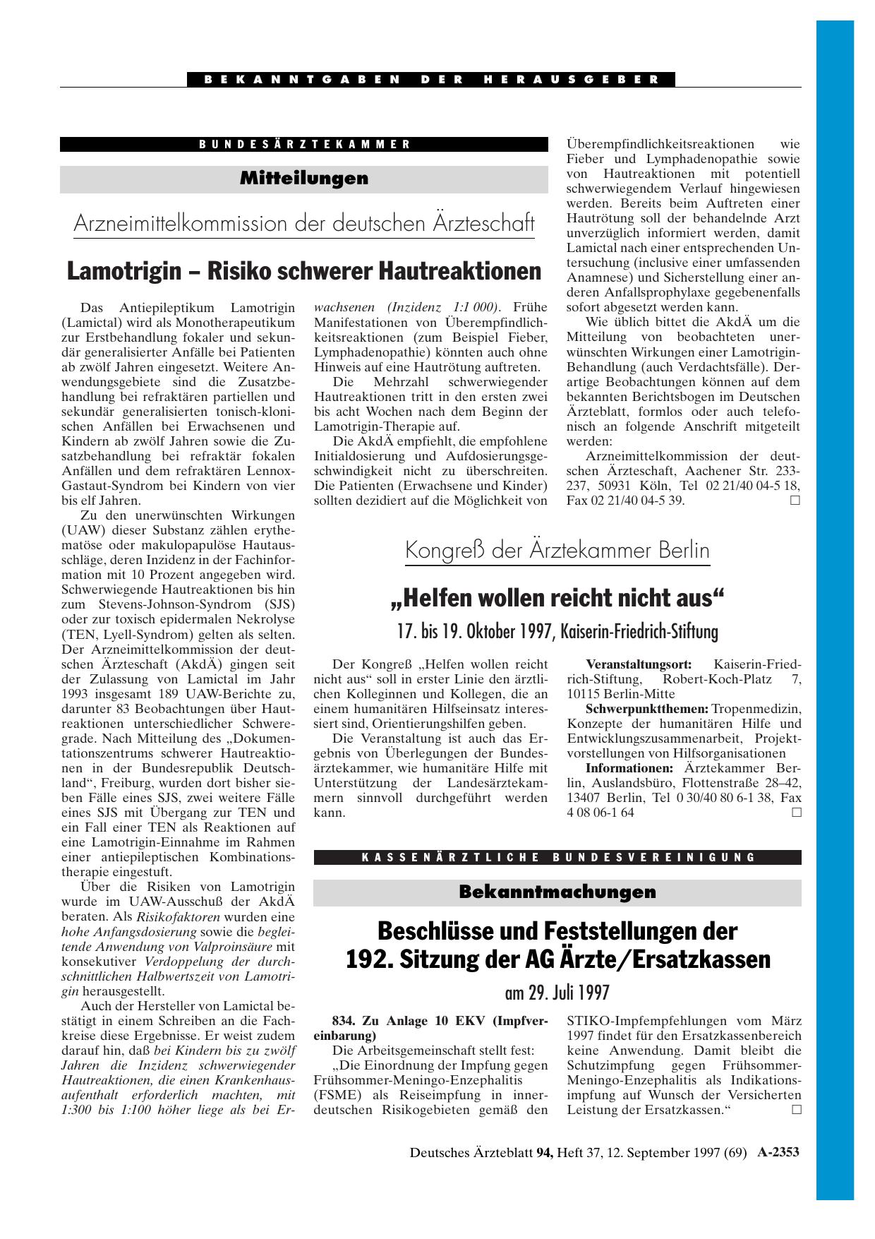 Vorschauseite 1: Beschlüsse und Feststellungen der: 192. Sitzung der AG Ärzte/Ersatzkassen am 29. Juli 1997
