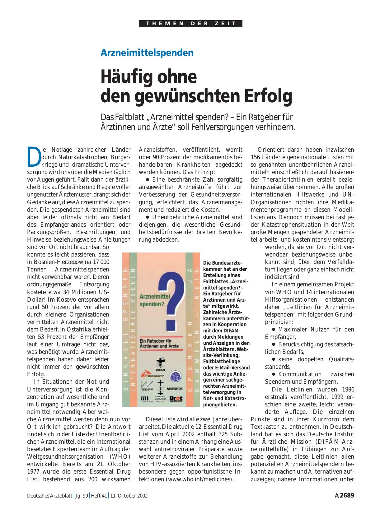 Vorschauseite 1: Arzneimittelspenden: Häufig ohne den gewünschten Erfolg