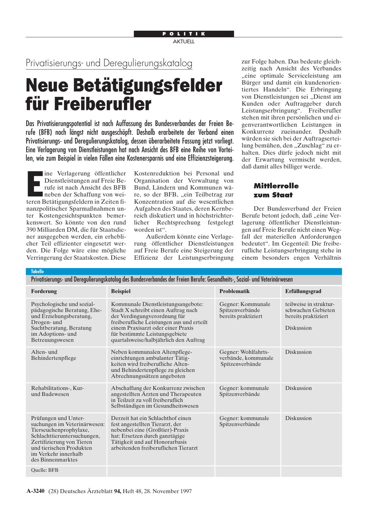 Vorschauseite 1: Privatisierungsund Deregulierungskatalog: Neue Betätigungsfelder für Freiberufler