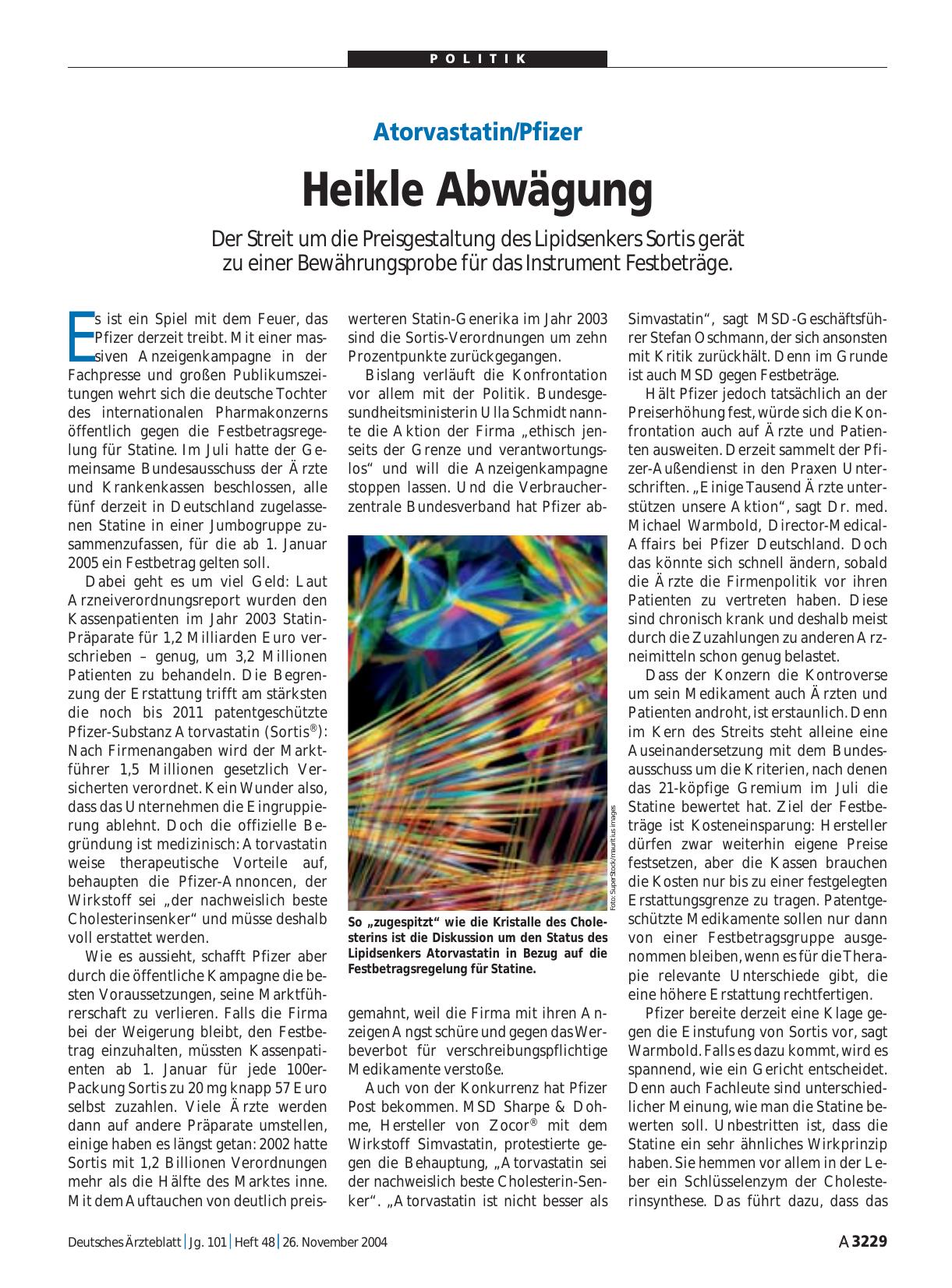 Vorschauseite 1: Atorvastatin/Pfizer: Heikle Abwägung