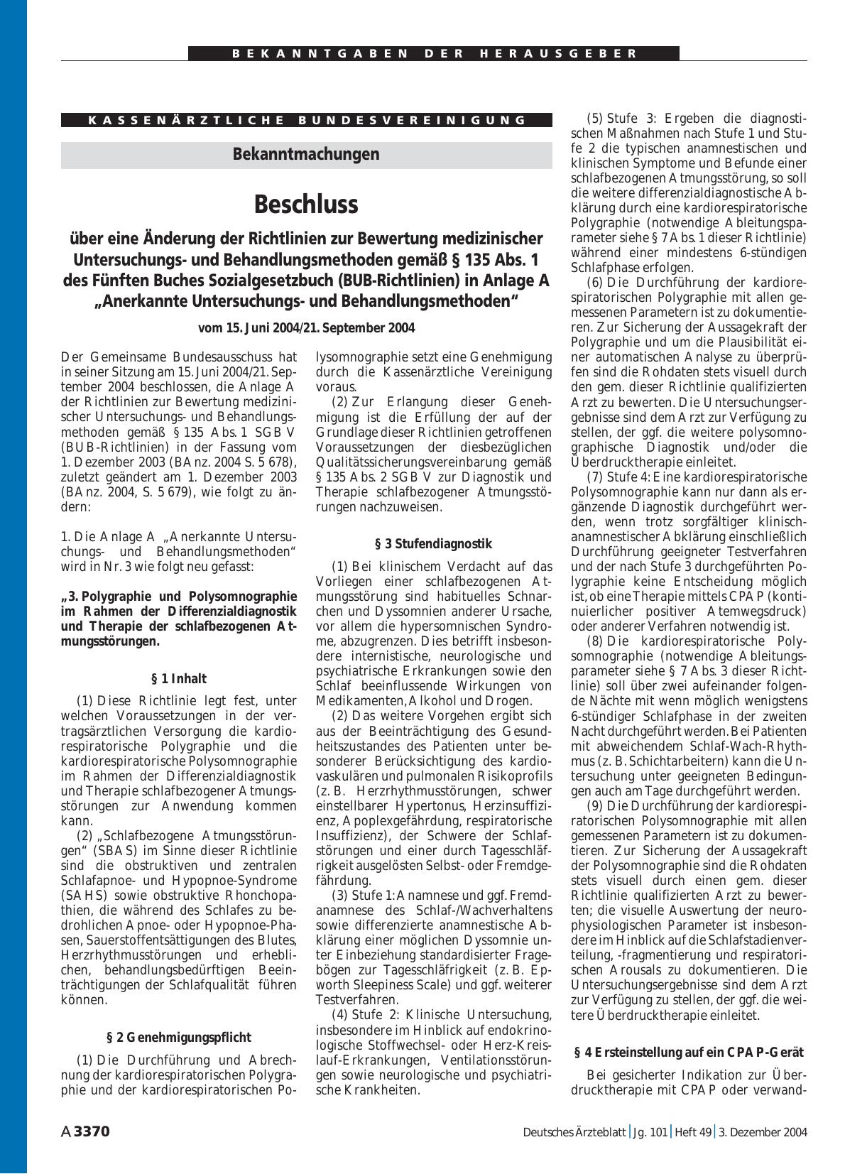 Vorschauseite 1: Bekanntmachungen: Beschluss über eine Änderung der Richtlinien zur Bewertung medizinischer Untersuchungsund Behandlungsmethoden gemäß § 135 Abs. 1 des Fünften Buches Sozialgesetzb…