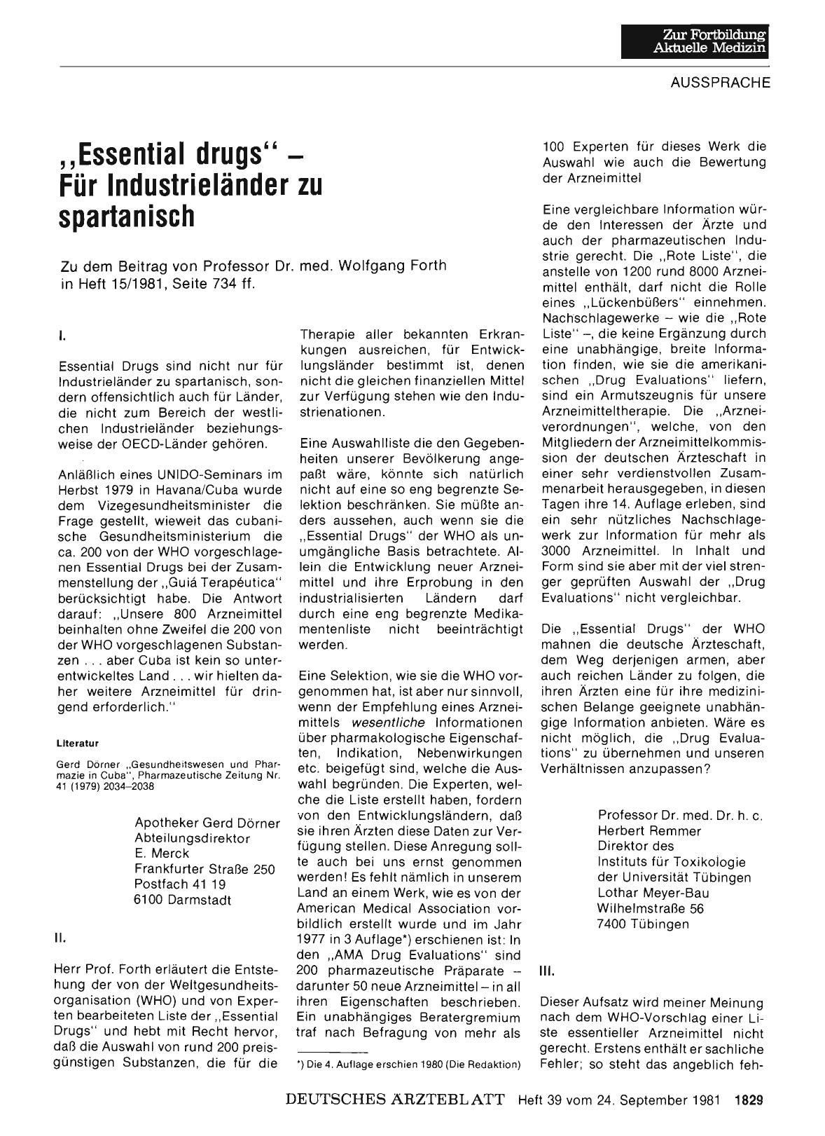 Vorschauseite 1: „Essential drugs” Für Industrieländer zu spartanisch: I.