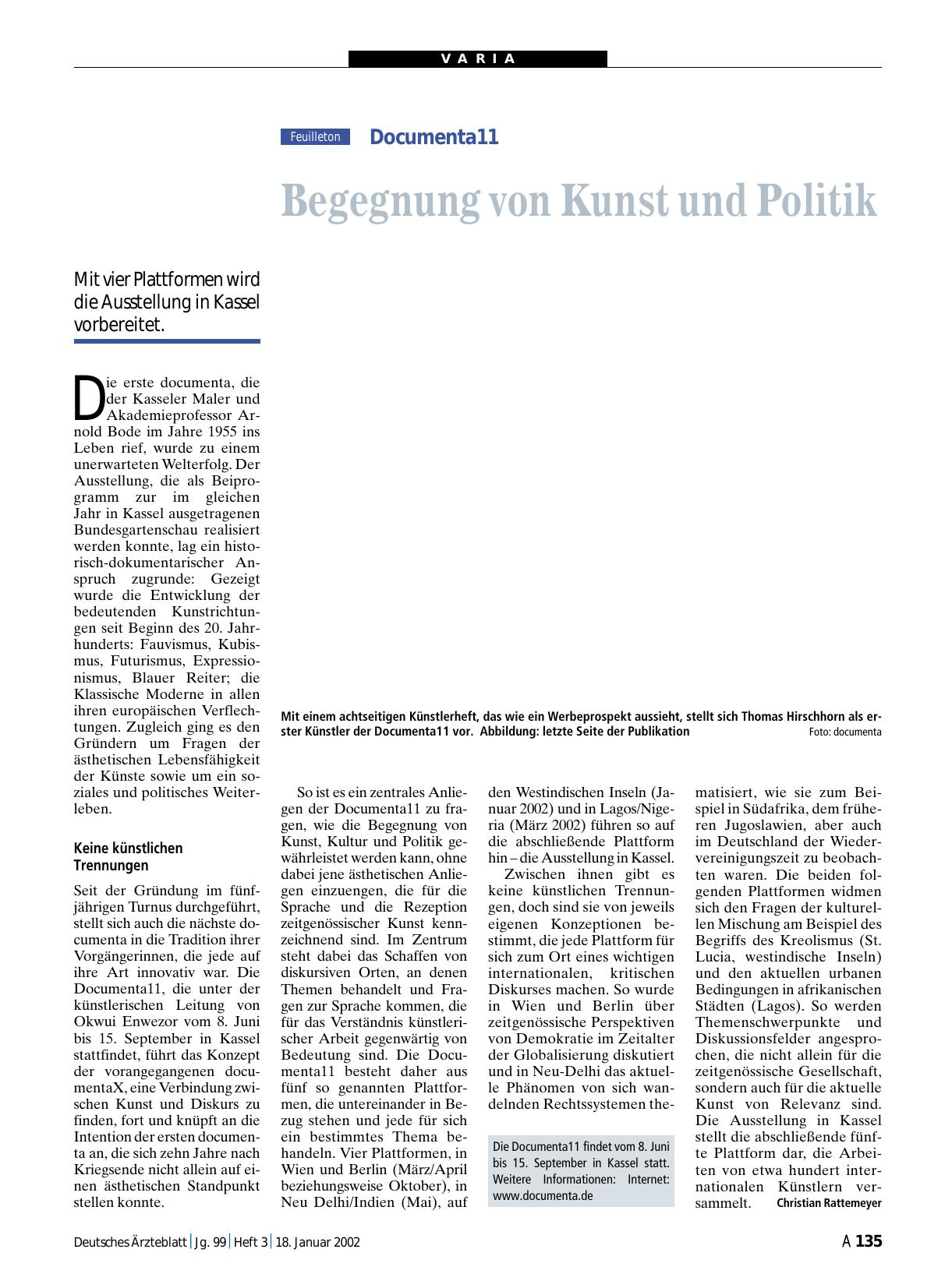 Vorschauseite 1: Documenta11: Begegnung von Kunst und Politik