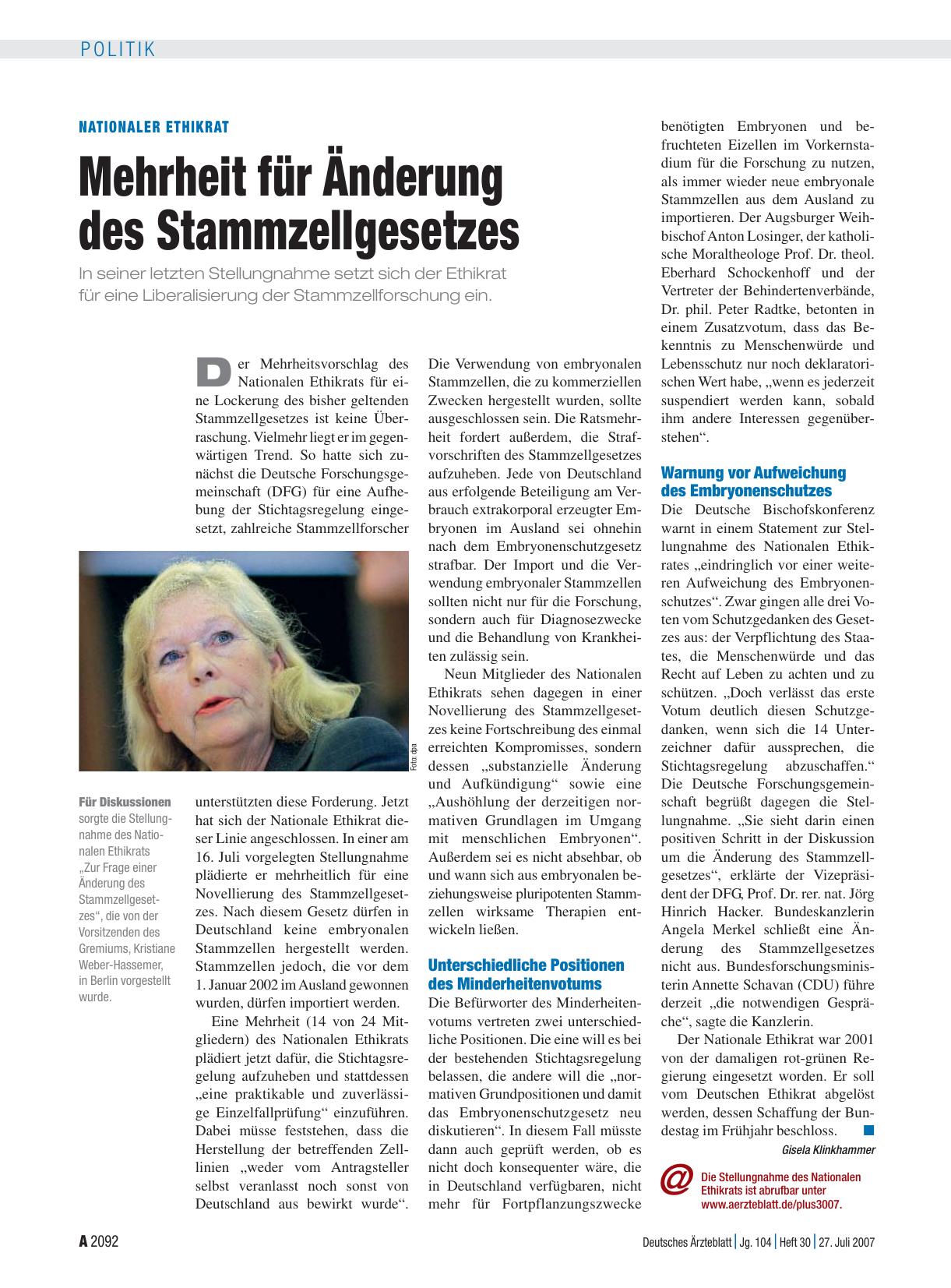 Vorschauseite 1: Nationaler Ethikrat: Mehrheit für Änderung des Stammzellgesetzes