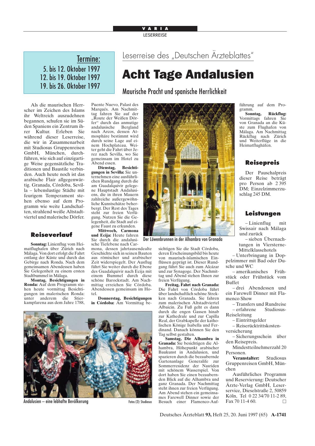 Vorschauseite 1: Leserreise des „Deutschen Ärzteblattes“: Acht Tage Andalusien Maurische Pracht und spanische Herrlichkeit