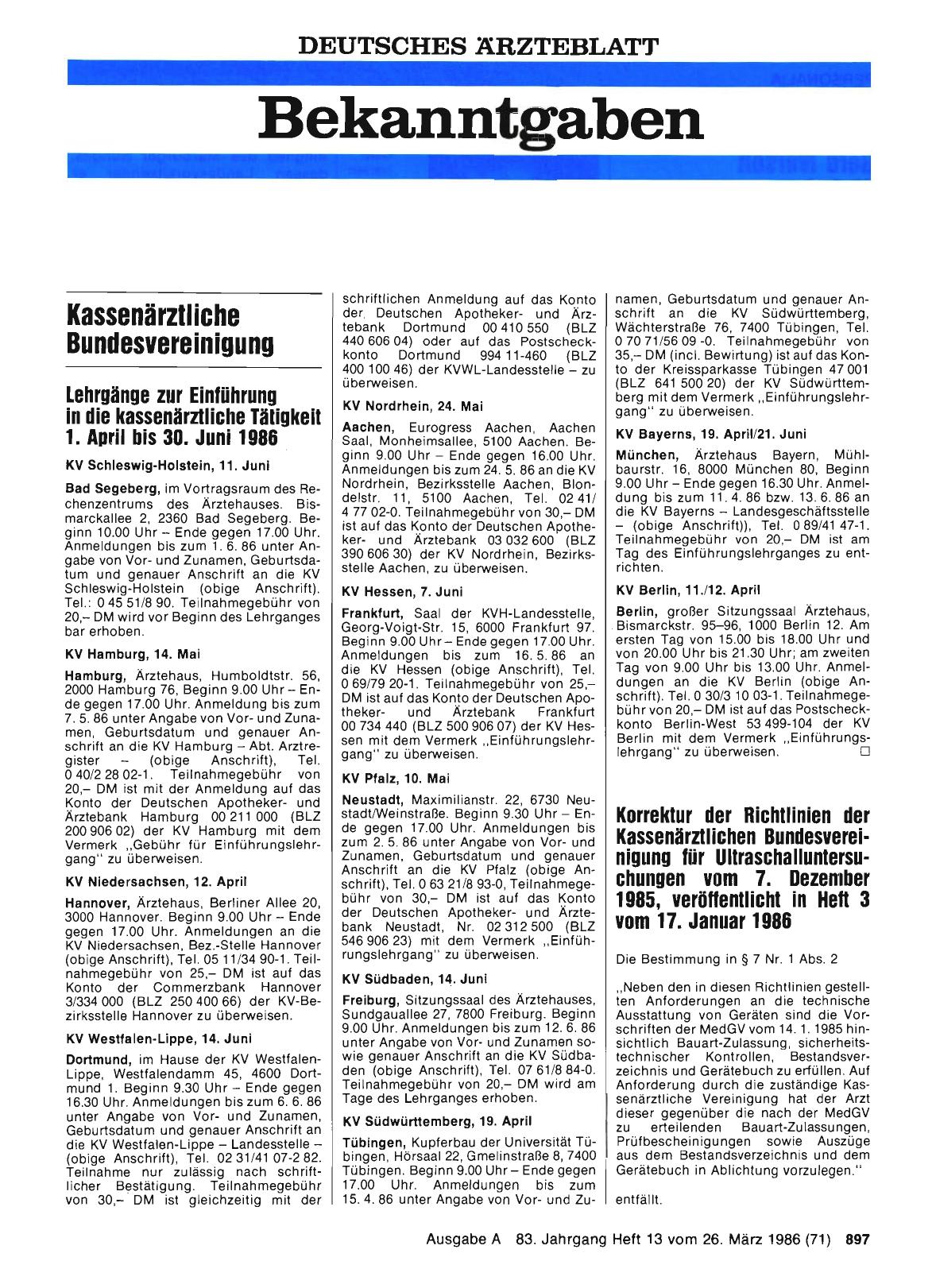Vorschauseite 1: Lehrgänge zur Einführung in die kassenärztliche Tätigkeit 1. April bis 30. Juni 1986