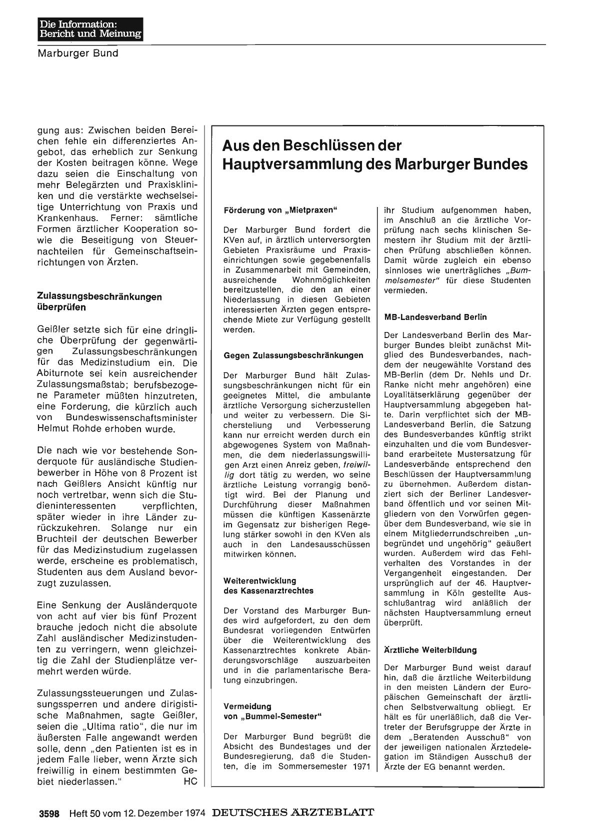 Vorschauseite 1: Aus den Beschlüssen der Hauptversammlung des Marburger Bundes