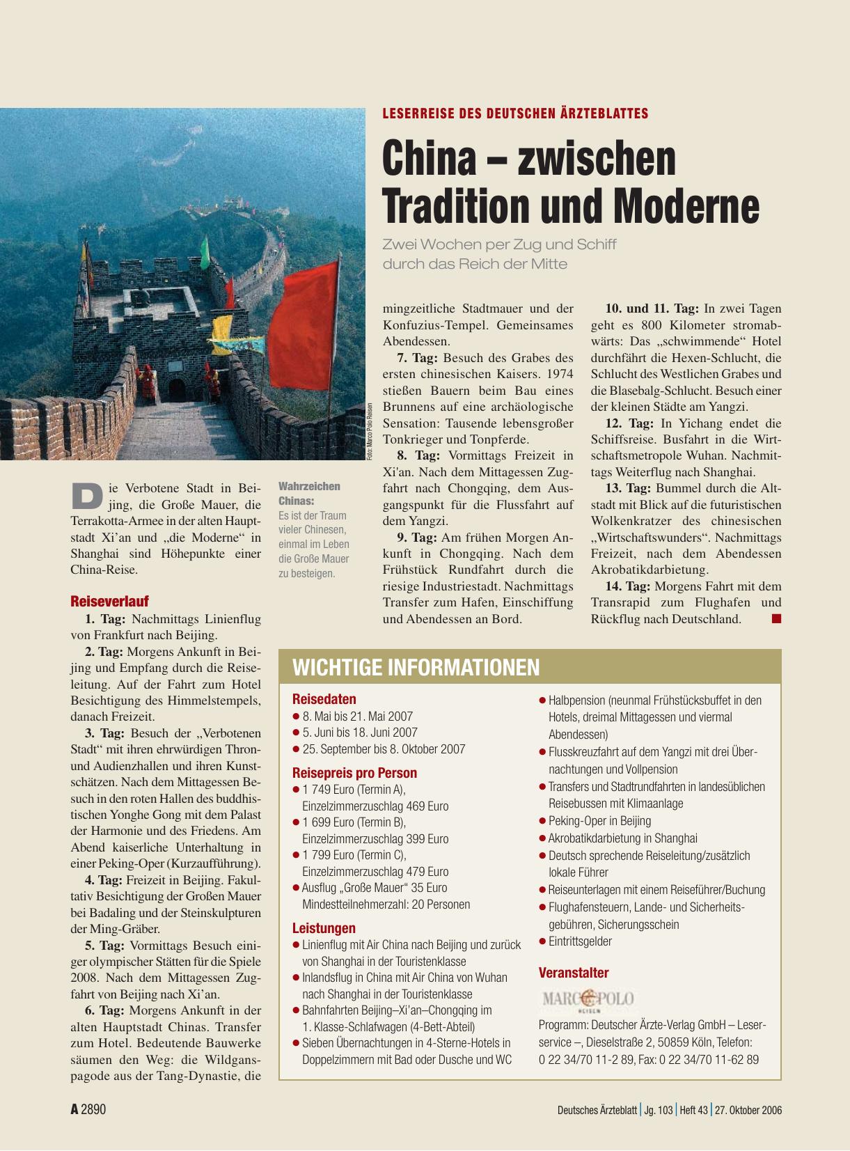 Vorschauseite 1: Leserreise des Deutschen Ärzteblattes: China – zwischen Tradition und Moderne