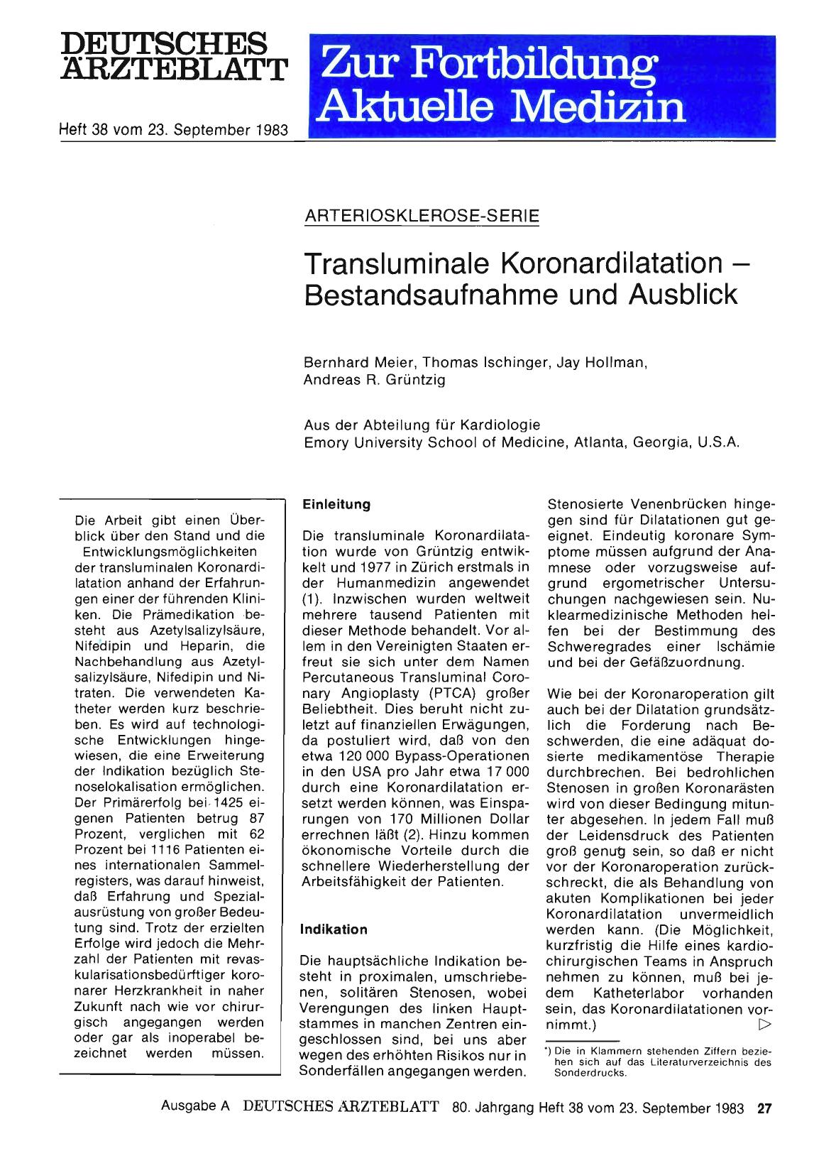 Vorschauseite 1: ARTERIOSKLEROSE-SERIE: Transluminale Koronardilatation — Bestandsaufnahme und Ausblick