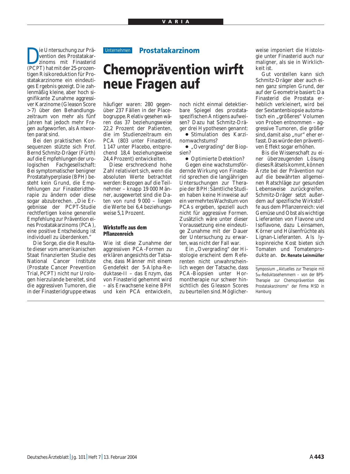 Vorschauseite 1: Prostatakarzinom: Chemoprävention wirft neue Fragen auf