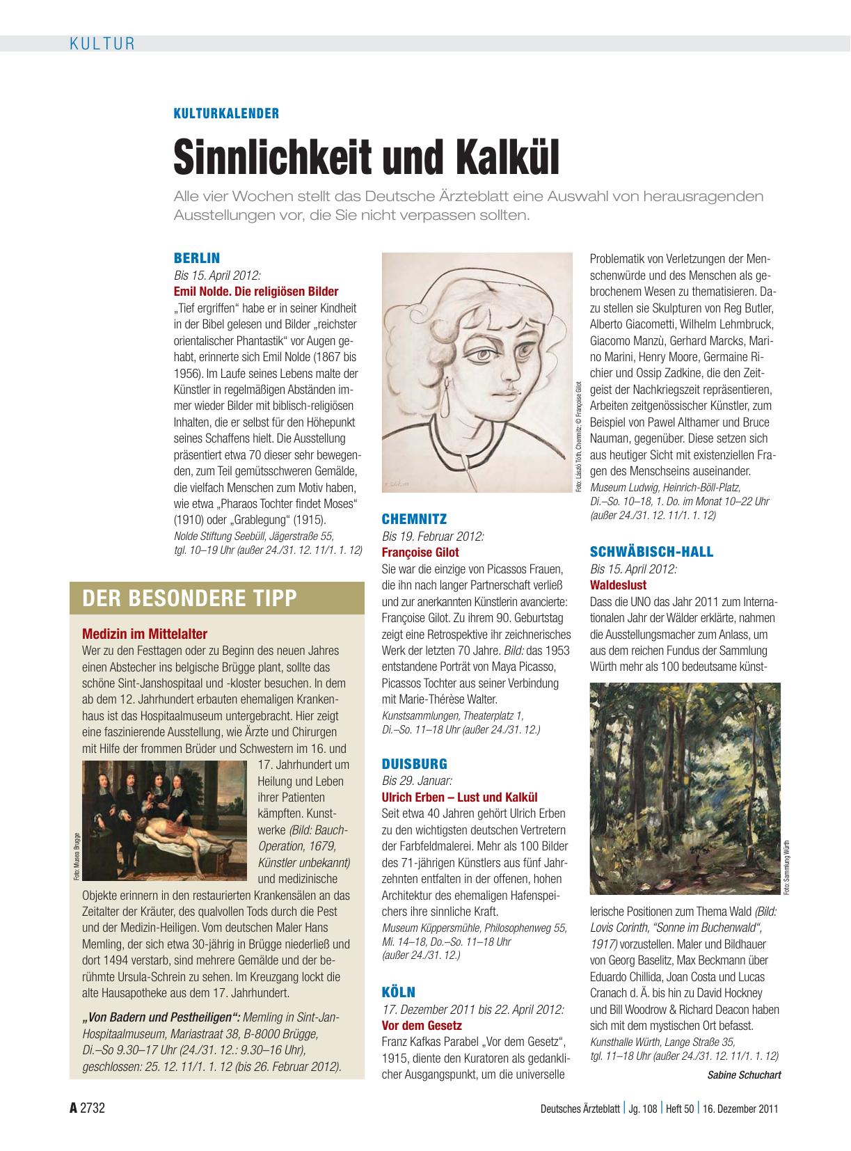 Vorschauseite 1: Kulturkalender: Sinnlichkeit und Kalkül