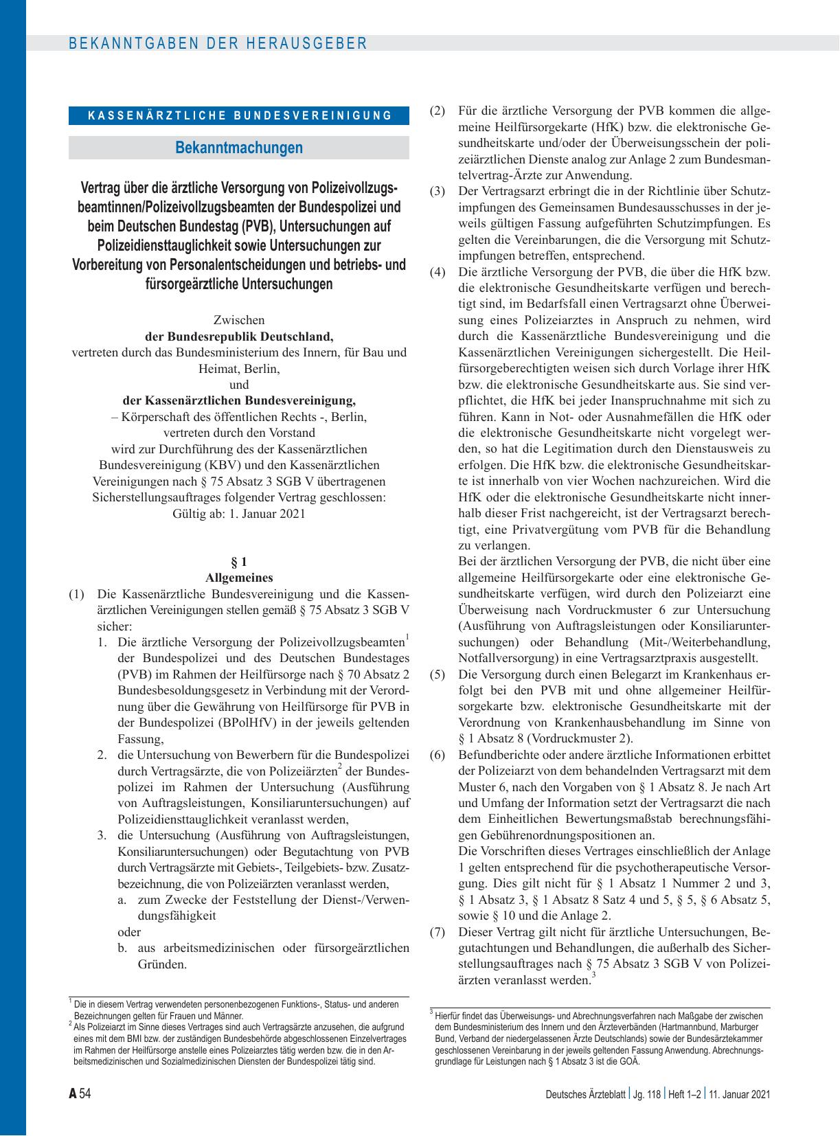 Vorschauseite 1: Vertrag über die ärztliche Versorgung von Polizeivollzugsbeamtinnen/Polizeivollzugsbeamten der Bundespolizei und beim Deutschen Bundestag (PVB), Untersuchungen auf Polizeidienstta…