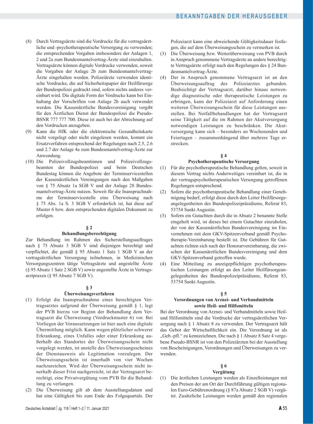 Vorschauseite 2: Vertrag über die ärztliche Versorgung von Polizeivollzugsbeamtinnen/Polizeivollzugsbeamten der Bundespolizei und beim Deutschen Bundestag (PVB), Untersuchungen auf Polizeidienstta…