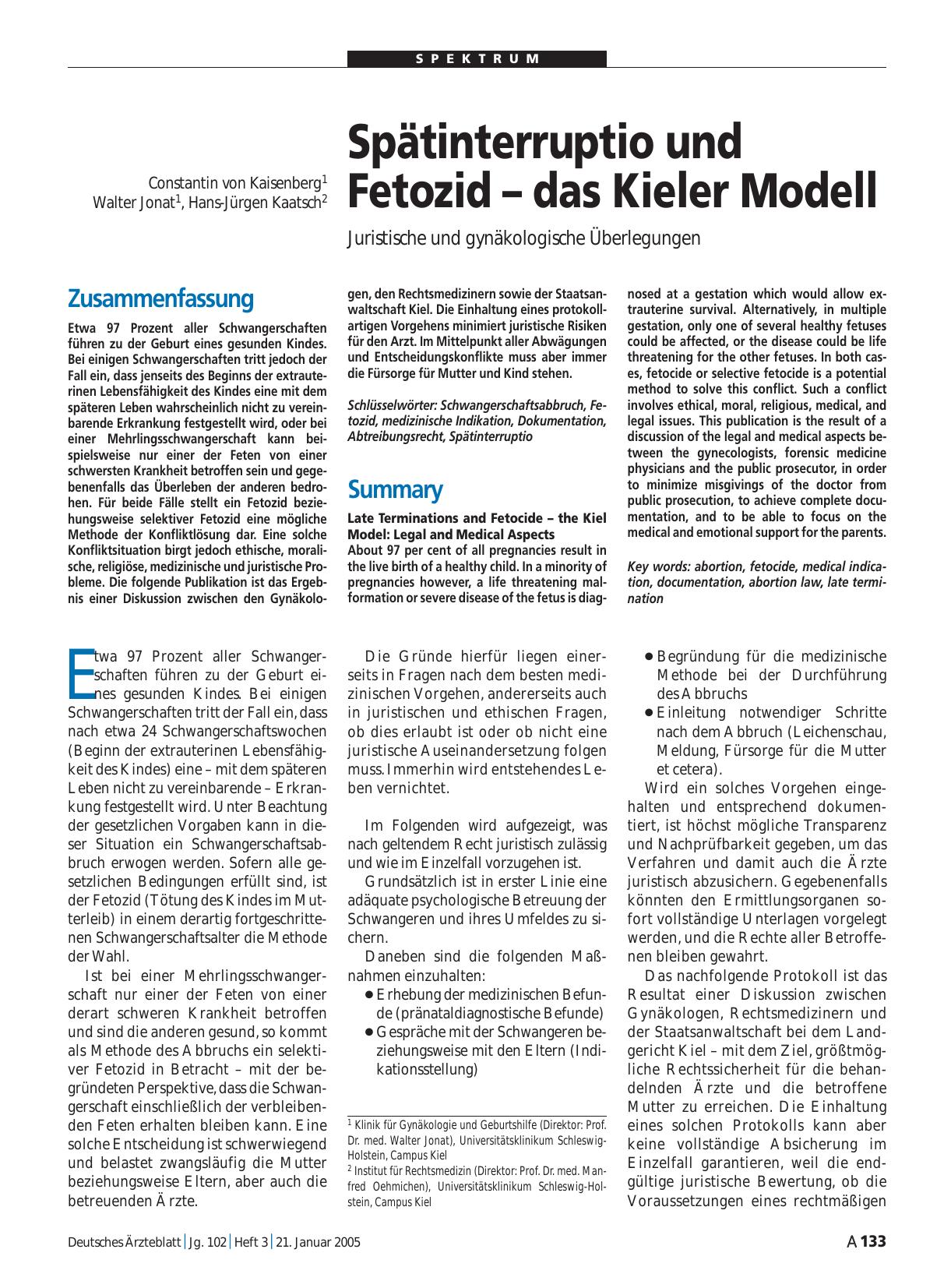 Vorschauseite 1: Spätinterruptio und Fetozid – das Kieler Modell: Juristische und gynäkologische Überlegungen