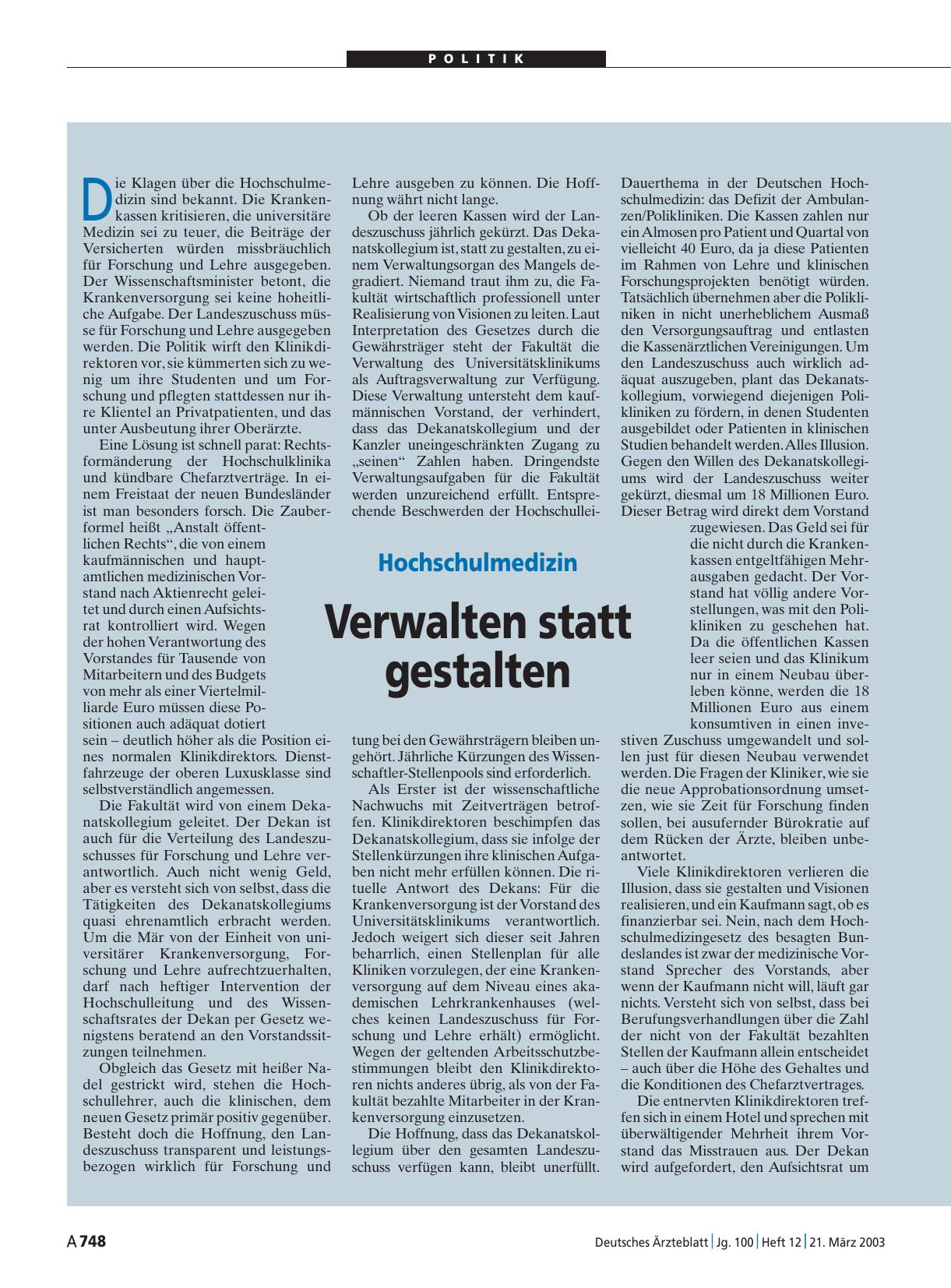 Vorschauseite 1: Hochschulmedizin: Verwalten statt gestalten