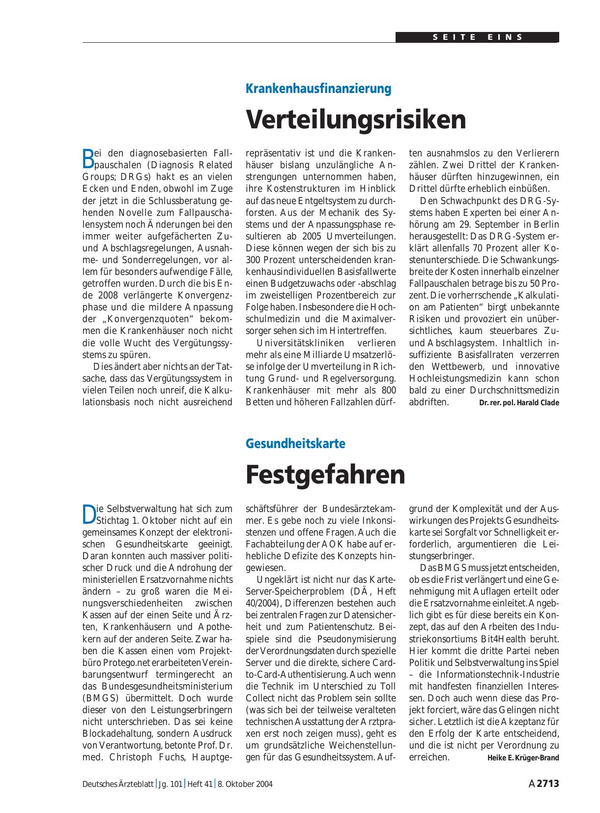 Vorschauseite 1: Krankenhausfinanzierung: Verteilungsrisiken