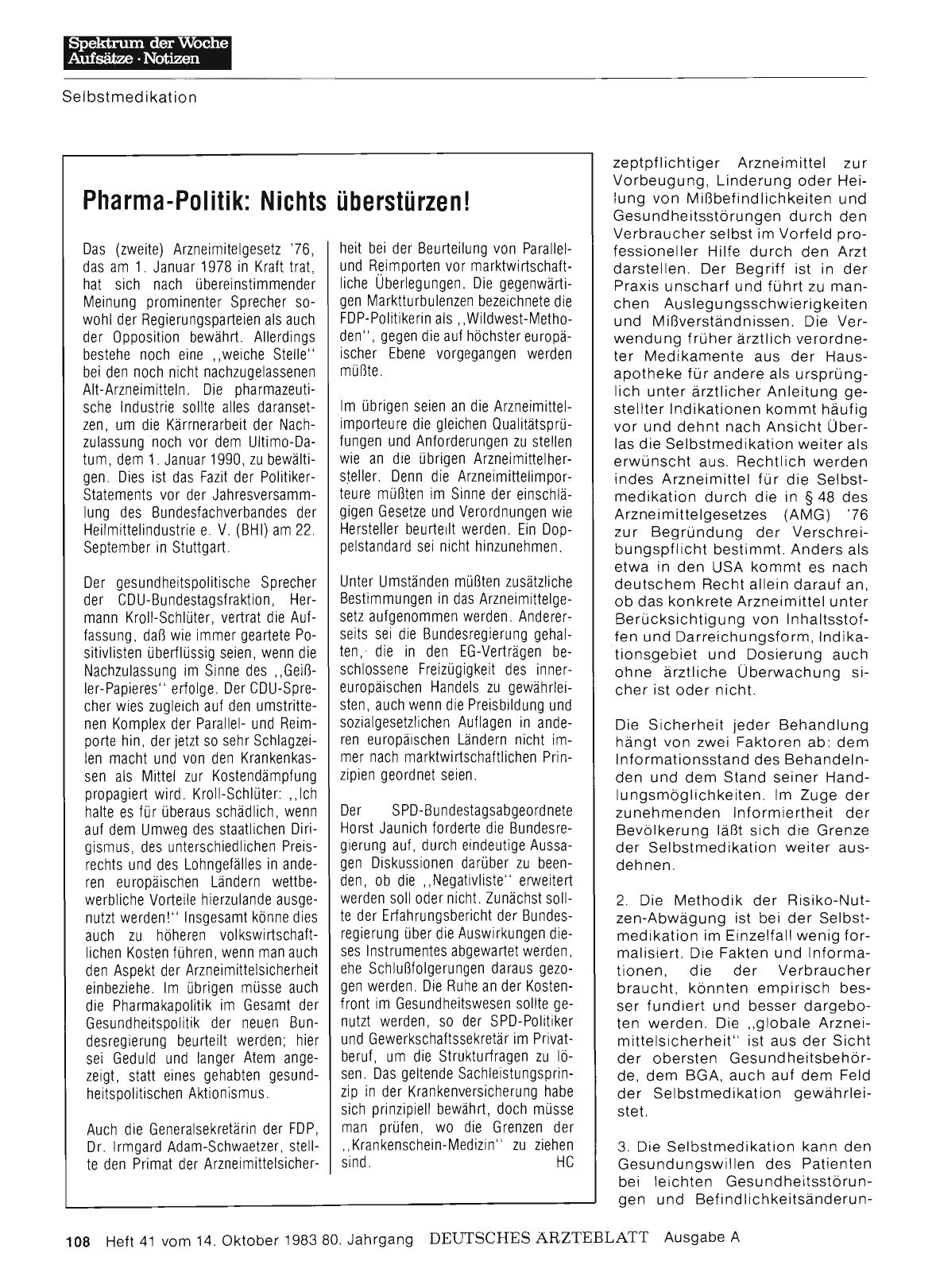 Vorschauseite 1: Pharma-Politik: Nichts überstürzen!