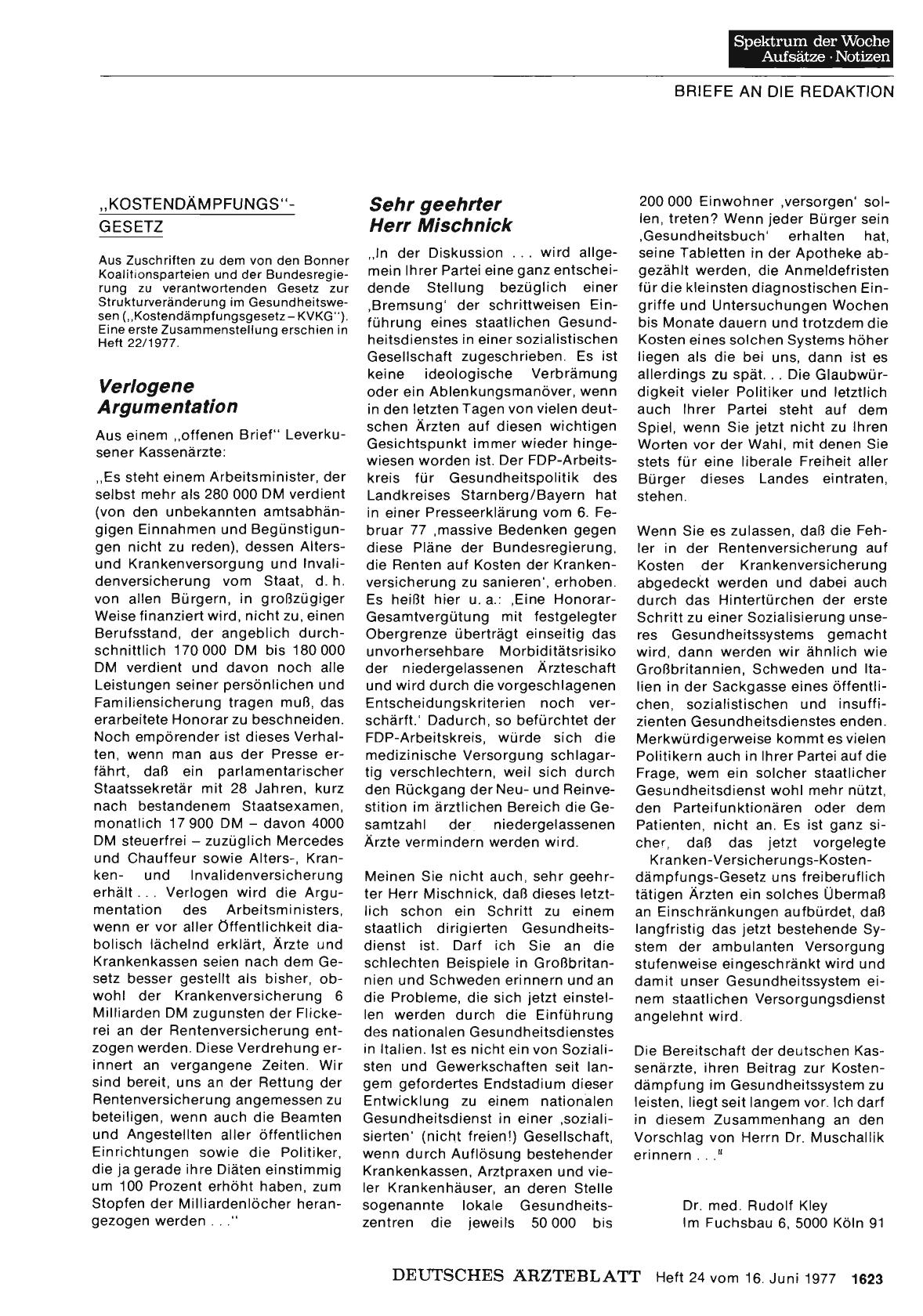 Vorschauseite 1: „KOSTENDÄMPFUNGS”- GESETZ: Sehr geehrter Herr Mischnick