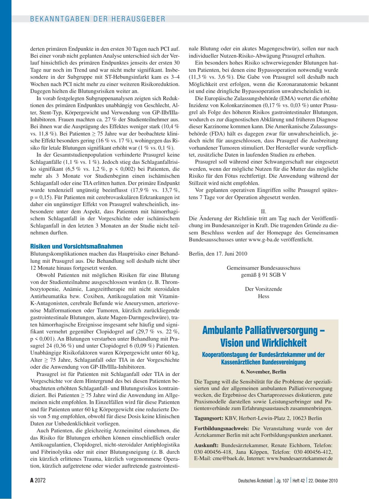 Vorschauseite 1: Ambulante Palliativversorgung – Vision und Wirklichkeit Kooperationstagung der Bundesärztekammer und der Kassenärztlichen Bundesvereinigung