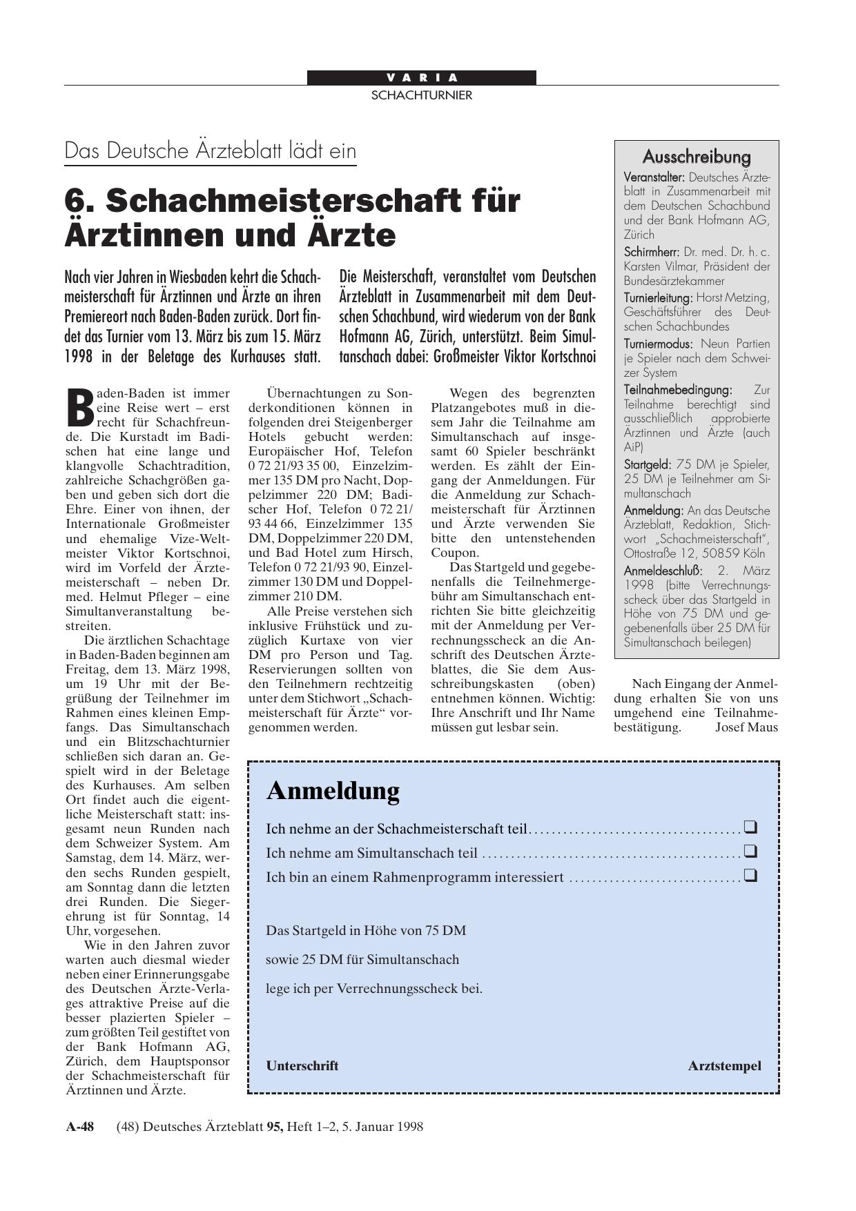 Vorschauseite 1: Das Deutsche Ärzteblatt lädt ein: 6. Schachmeisterschaft für Ärztinnen und Ärzte