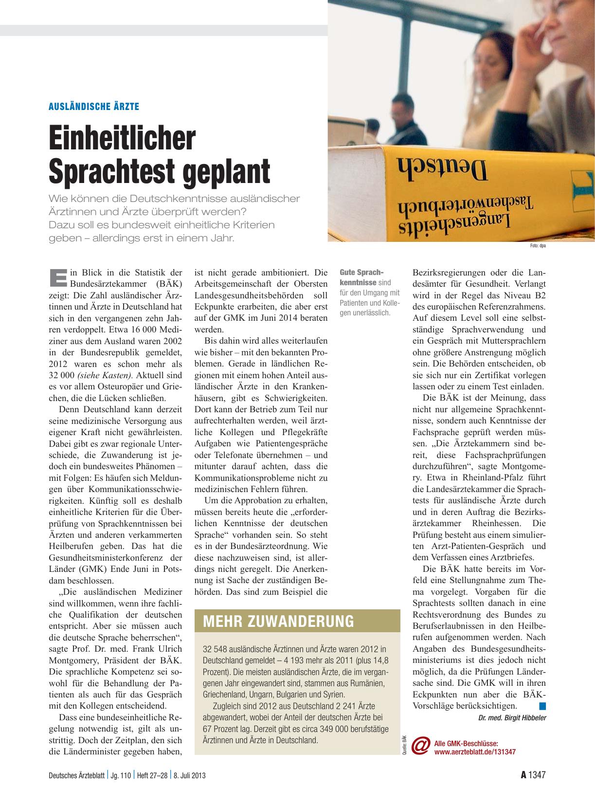 Vorschauseite 1: Ausländische Ärzte: Einheitlicher Sprachtest geplant