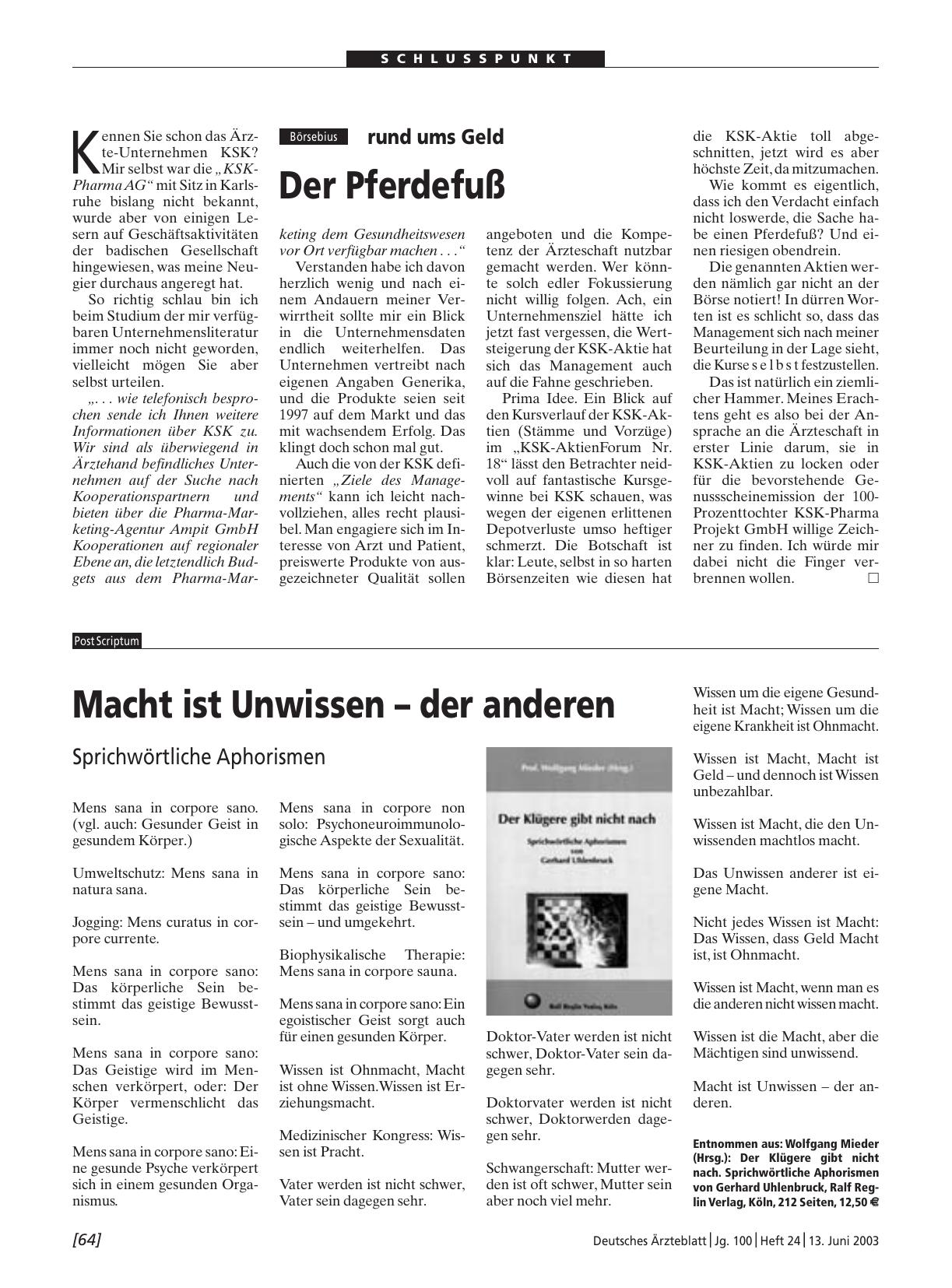 Vorschauseite 1: Börsebius rund ums Geld: Der Pferdefuß