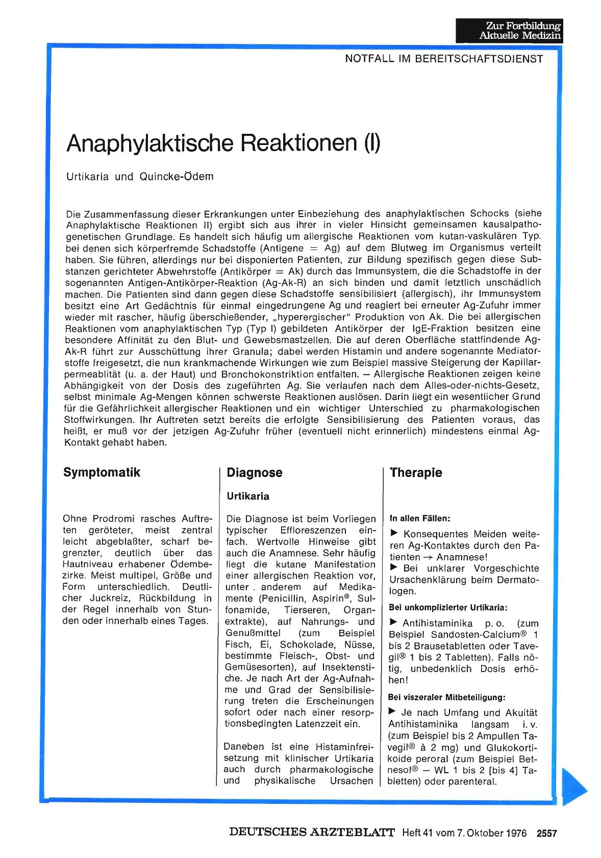 Vorschauseite 1: Anaphylaktische Reaktionen (1): Urtikaria und Quincke-Ödem