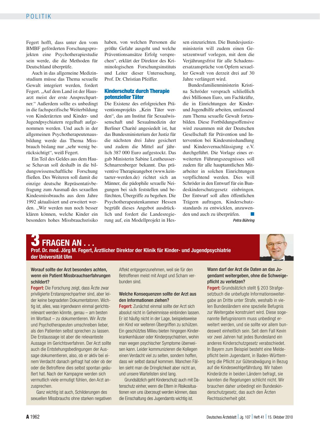 Vorschauseite 1: 3 Fragen an. .. Prof. Dr. med. Jörg M. Fegert, Ärztlicher Direktor der Klinik für Kinderund Jugendpsychiatrie der Universität Ulm