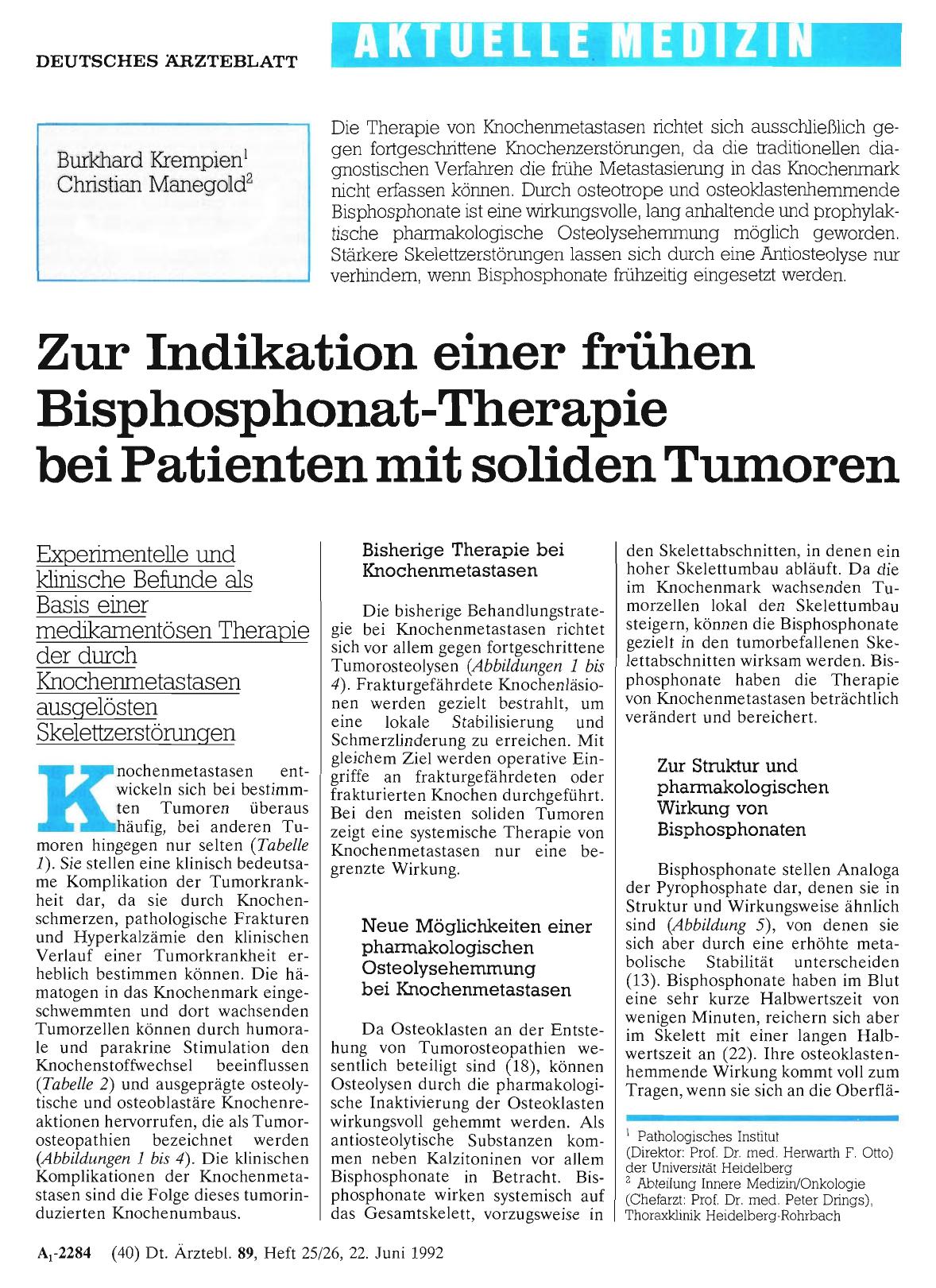 Vorschauseite 1: Zur Indikation einer frühen Bisphosphonat-Therapie bei Patienten mit soliden Tumoren